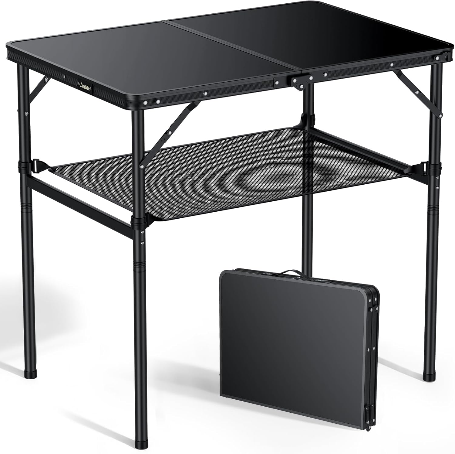 Anbte 3ft Camping Table Foldable with Storage Net, 3 Heights Max 29.5" Aluminum Camping Table with Portable Handle, Lightweight, for Travel Outdoor Beach Picnic Patio Indoor, 36" x 24", Pure Black