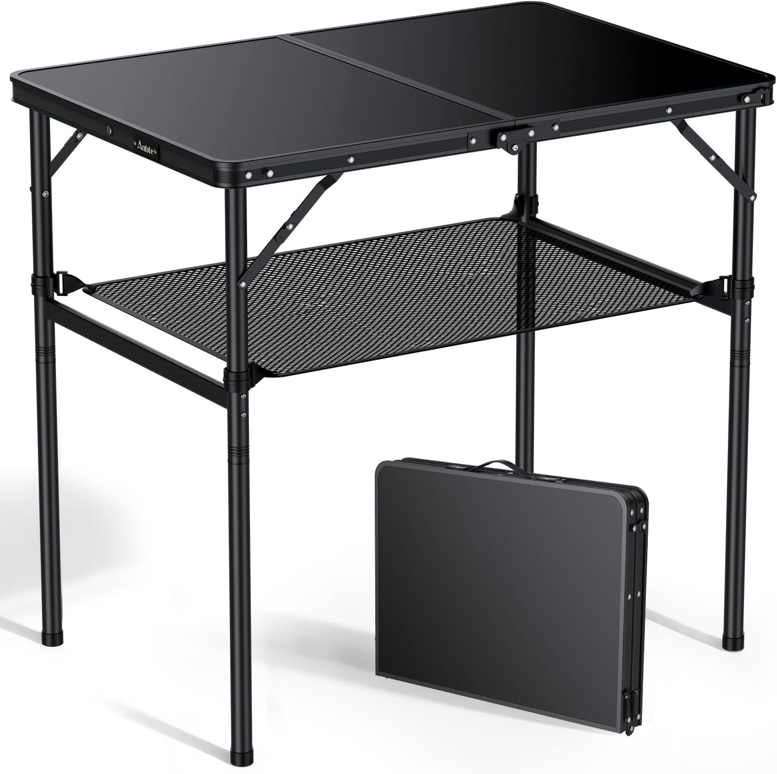 Anbte 3ft Camping Table Foldable with Storage Net, 3 Heights Max 29.5" Aluminum Camping Table with Portable Handle, Lightweight, for Travel Outdoor Beach Picnic Patio Indoor, 36" x 24", Pure Black