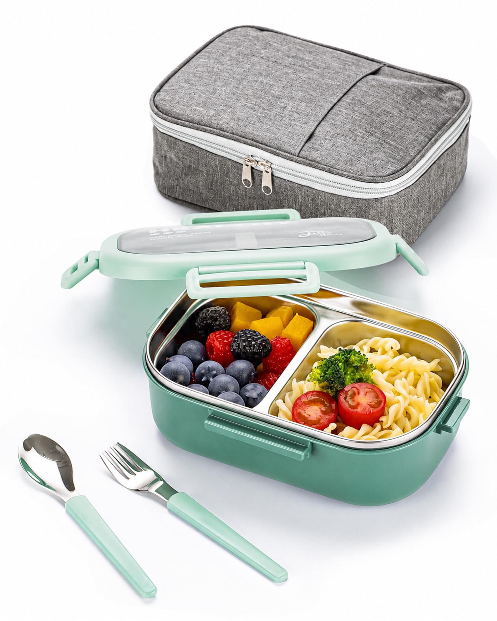 Lille Home 28oz Stainless Steel Leakproof 2-Compartment Bento Lunch Box/Portion Control Food Container with Lunch Bag and Cutlery Set, BPA Free