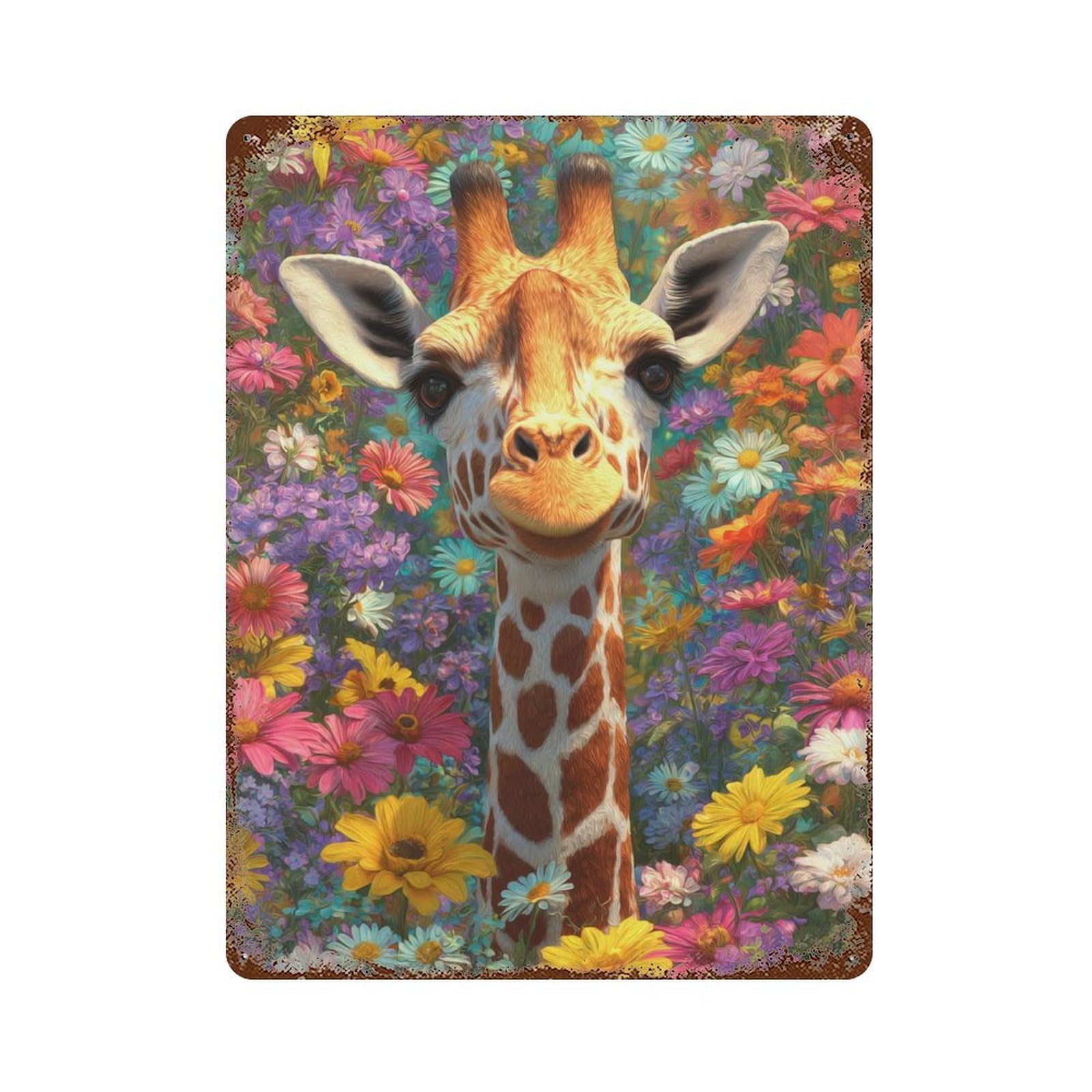 Giraffe in Flower Field Retro Metal Sign 15.7"x11.8", Ideal for Basement, Hobby Room And Garage Decor