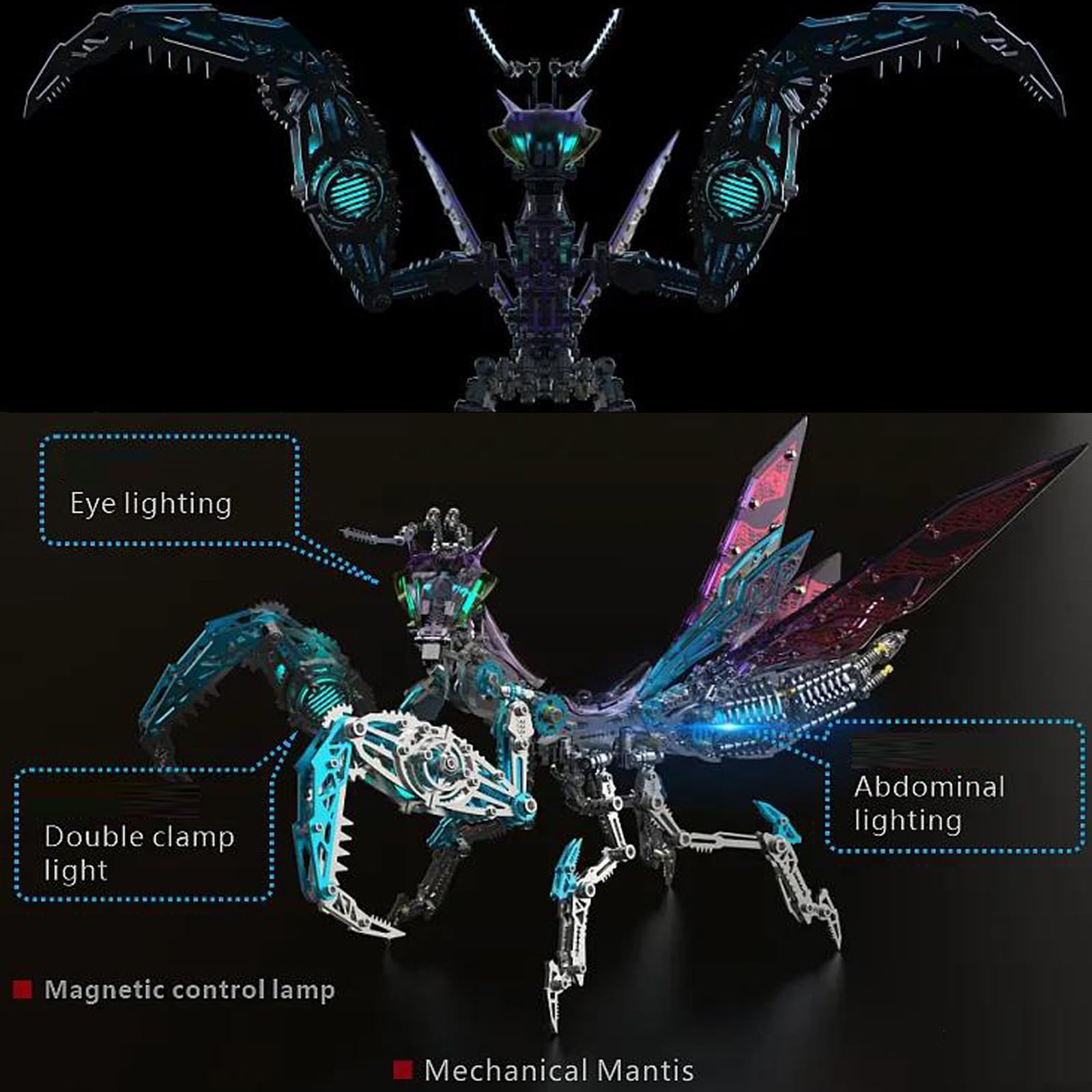 Bunte 3D Metall Puzzle Erwachsene Mantis mit Licht, 3D Modellbausatz Metall für Erwachsene mit Werkzeugen, Desktop Ornaments Spielzeug Geschenke