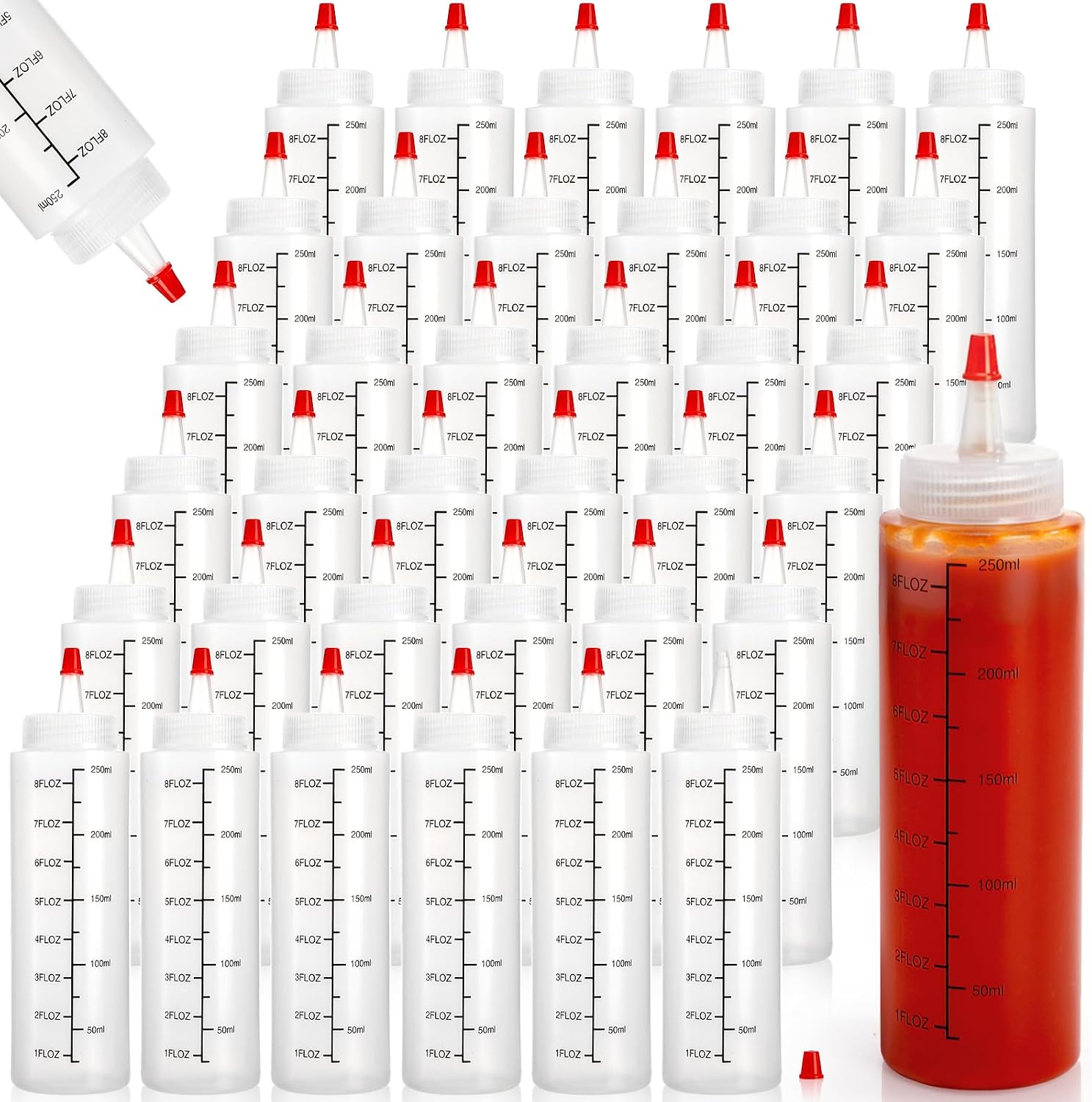 Foraineam 24-Pack 8 oz. (240 ml) Condiment Squeeze Bottles with Red Tip Cap - Durable Plastic Squirt Bottle for Ketchup, Sauces, Syrup, Dressings, Arts & Crafts