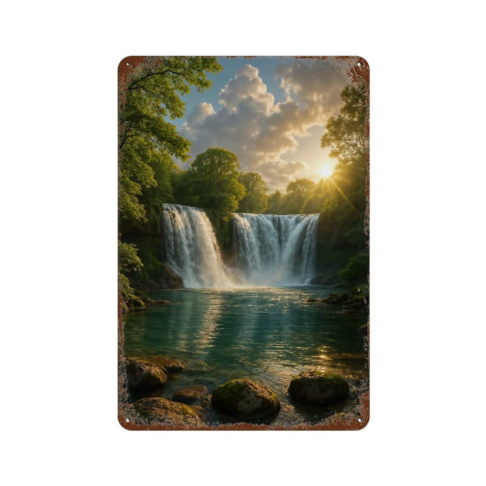 Rusty Metal Tin Sign with Majestic Waterfall in Lush Green Forest Design 11.8"x7.9", for Farmhouse, Kitchen And Entryway Decor, Classic Wall Plaque