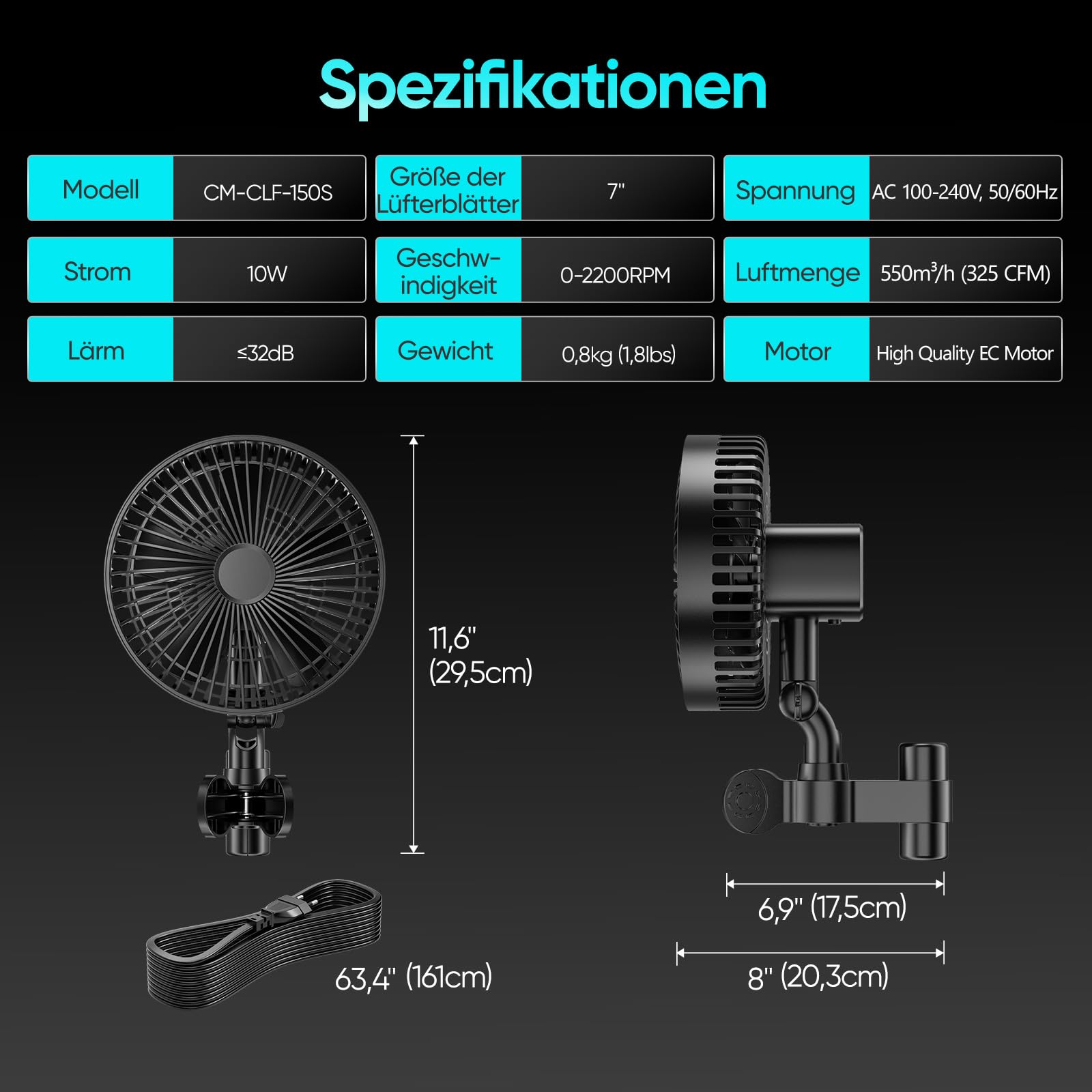 Ventilatore a 4 livelli da 10 W con clip: oscillazione automatica a 45° e inclinazione a 90°, 2200 giri/min, max 32DBA silenziosa con clip per Growbox con durata di 50.000 ore, ventola di serraggio