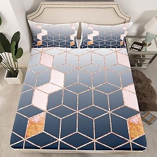 Erosebridal Navy Blue Honeycomb Full BedÂ Sheets Modern Geometric FittedÂ Sheet for Kids Boys Men Geometry Hexagon Bedding Set Diamond Marble Bed Set with 2 Pillow Cases Bedroom Decor