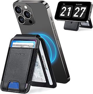 [nuoku] スマホ カードケース用のiPhone 15/14/13/12シリーズ、調節可能なスタンド付き、と互換性のあるmagsafeカードケース、スマホ カードケース マグネット、13/12 Miniには対応していません、最大7枚のカードが収まります、ビーガンレザー (黒)
