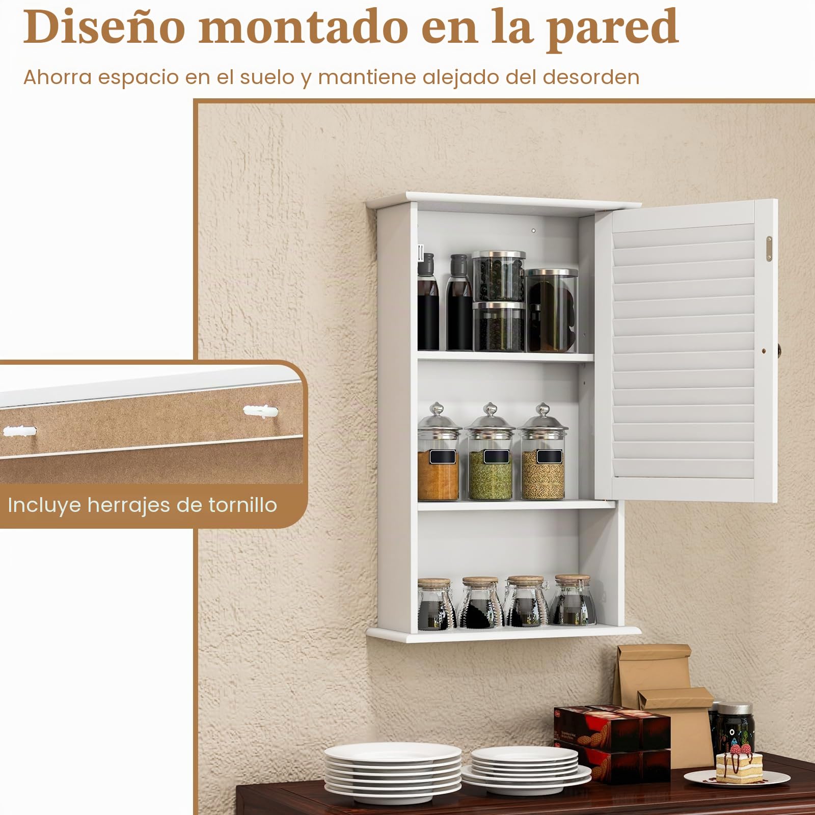 GIANTEX Armario Baño de Pared con una Puerta, 2 Estantes Ajustables y Compartimento Abierto, Armario de Madera de 3 Niveles, Mueble Multiuso para el Baño,Cocina,Entrada (Blanco)