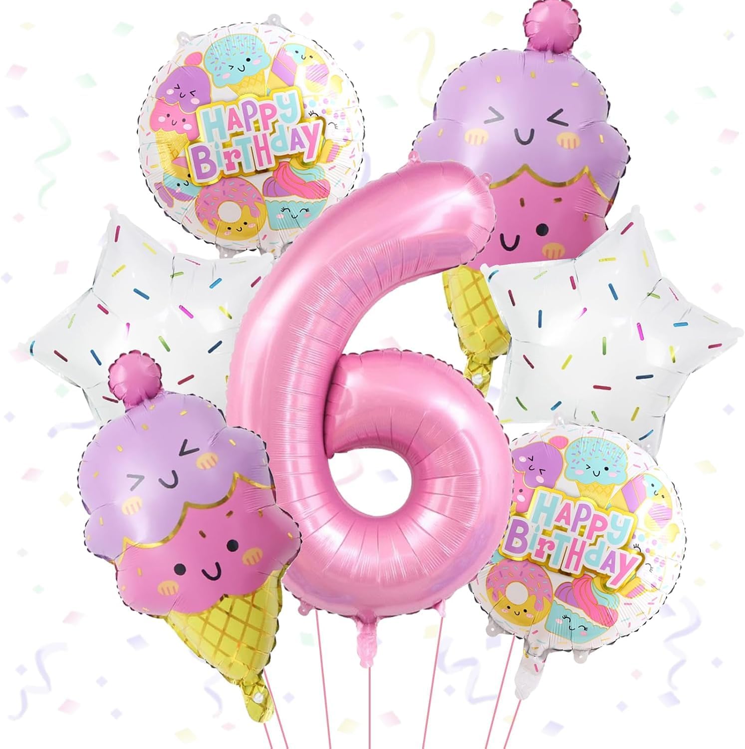 Ice Cream Foil Balloon, Birthday Decoration 6 Years Girls, Pack of 7 Ice Cream Balloons, Pastel Colours, Party Balloons, Girls, Ice Cream Helium Balloons, Birthday for Children Party Decorations