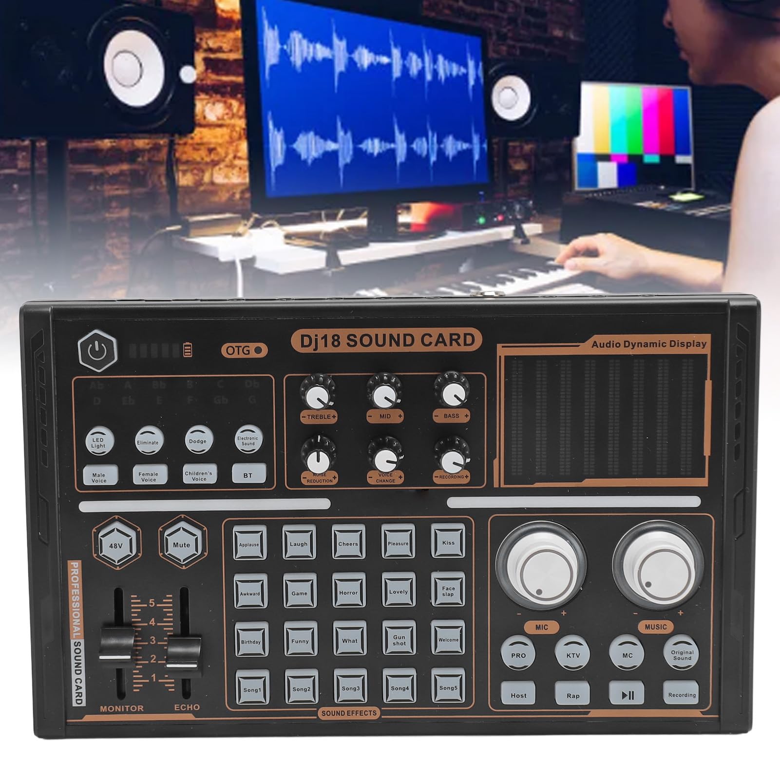 Fockety Professioneller Audiomixer, Live-Soundkarte und Audio-Interface mit Soundeffekten und Sprachwechsler, 48-V-Phantomspeisung-Bluetooth-Soundboard für Podcast-Aufnahmen,Live-Streaming