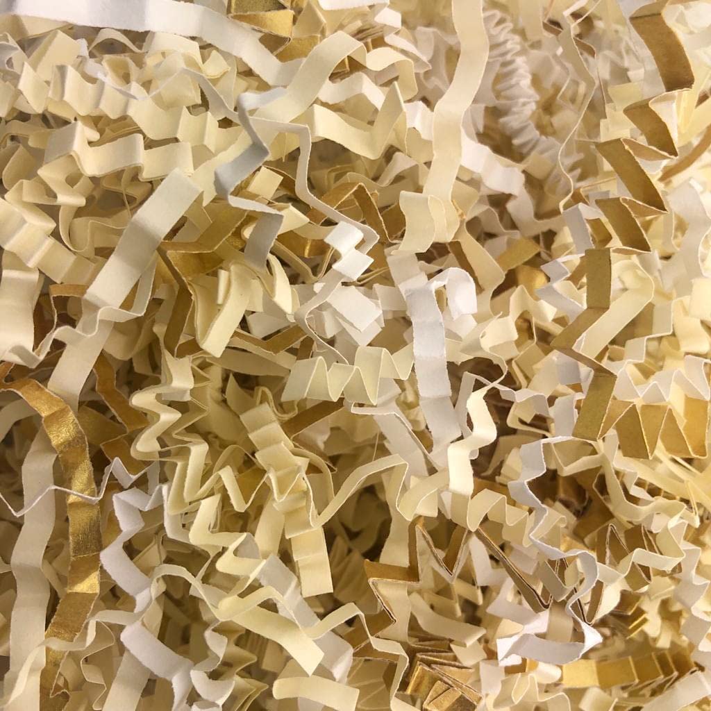 ShredAstic ® Shredded Paper Crinkle Cut Zig Zag WHITE IVORY GOLD Mix gifts baskets hampers crafts (500 grams)