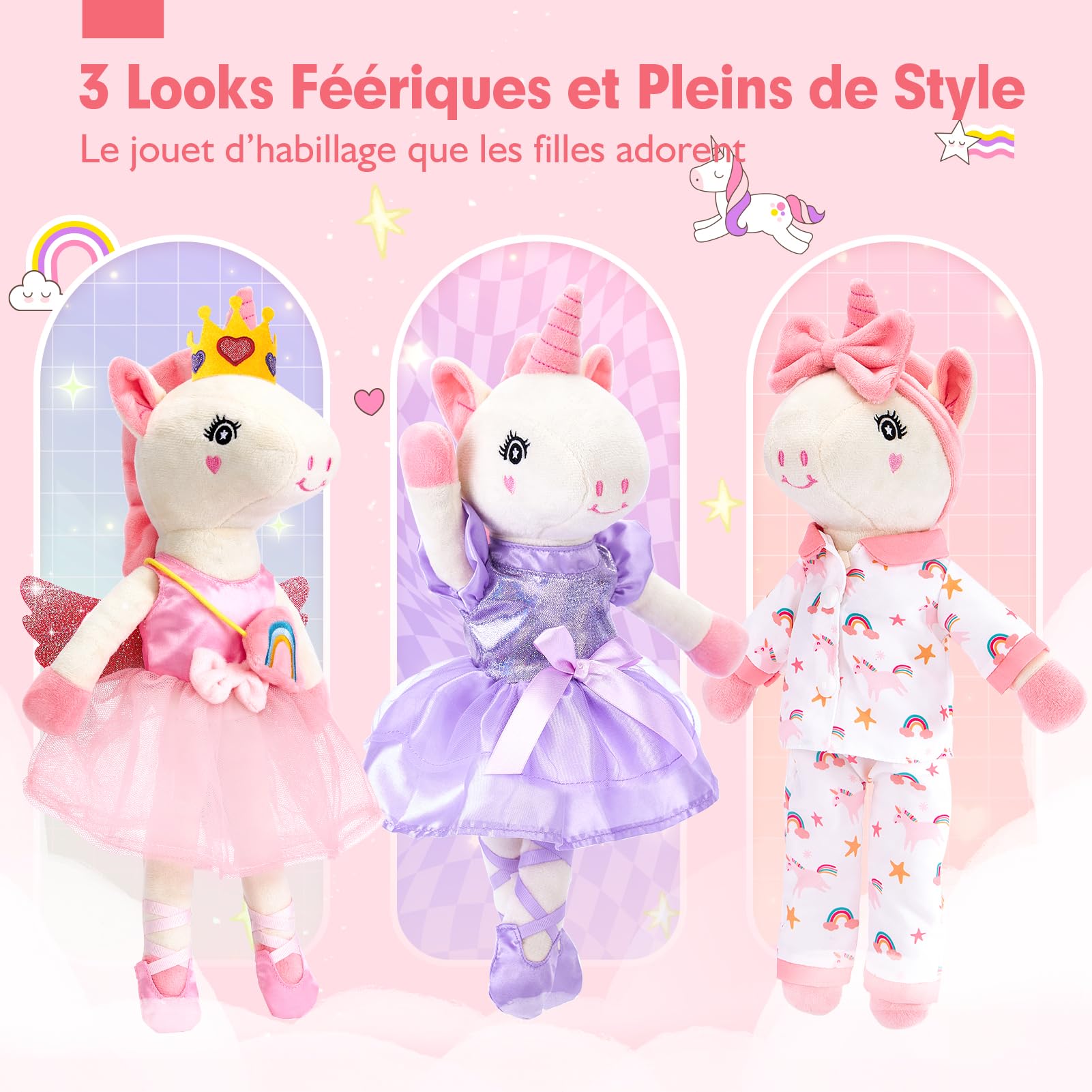 hahaland Licorne Peluche pour Filles 3+ Ans, Licorne à Habiller avec 3 Ensembles de Vêtements & 1 Sac Nuage en Fourrure, Jouet Créatif Jeu de Rôle, Cadeaux Anniversaire pour Fille 3 4 5 6 7 Ans