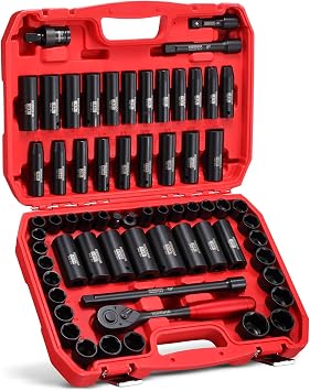 KBOISHA 1/2" Master Drive Impact Socket Set,65-Piece 6 Point Socket Set Standard SAE and Metric Sizes CR-V Steel Sockets with Adapters & Ratchet Handle