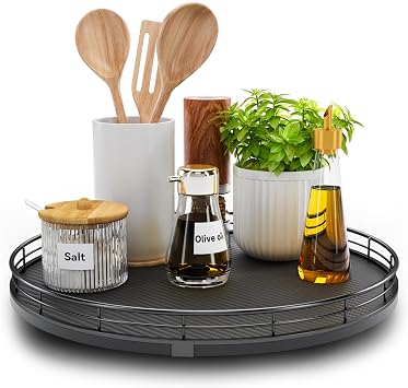 13" Lazy Susan Turntable Organizer Tabletop Round Wood Lazy Susan Cabinet Kitchen Decor Centerpiece Coffee Table Condiment Spice Vanity Tray Soap Black