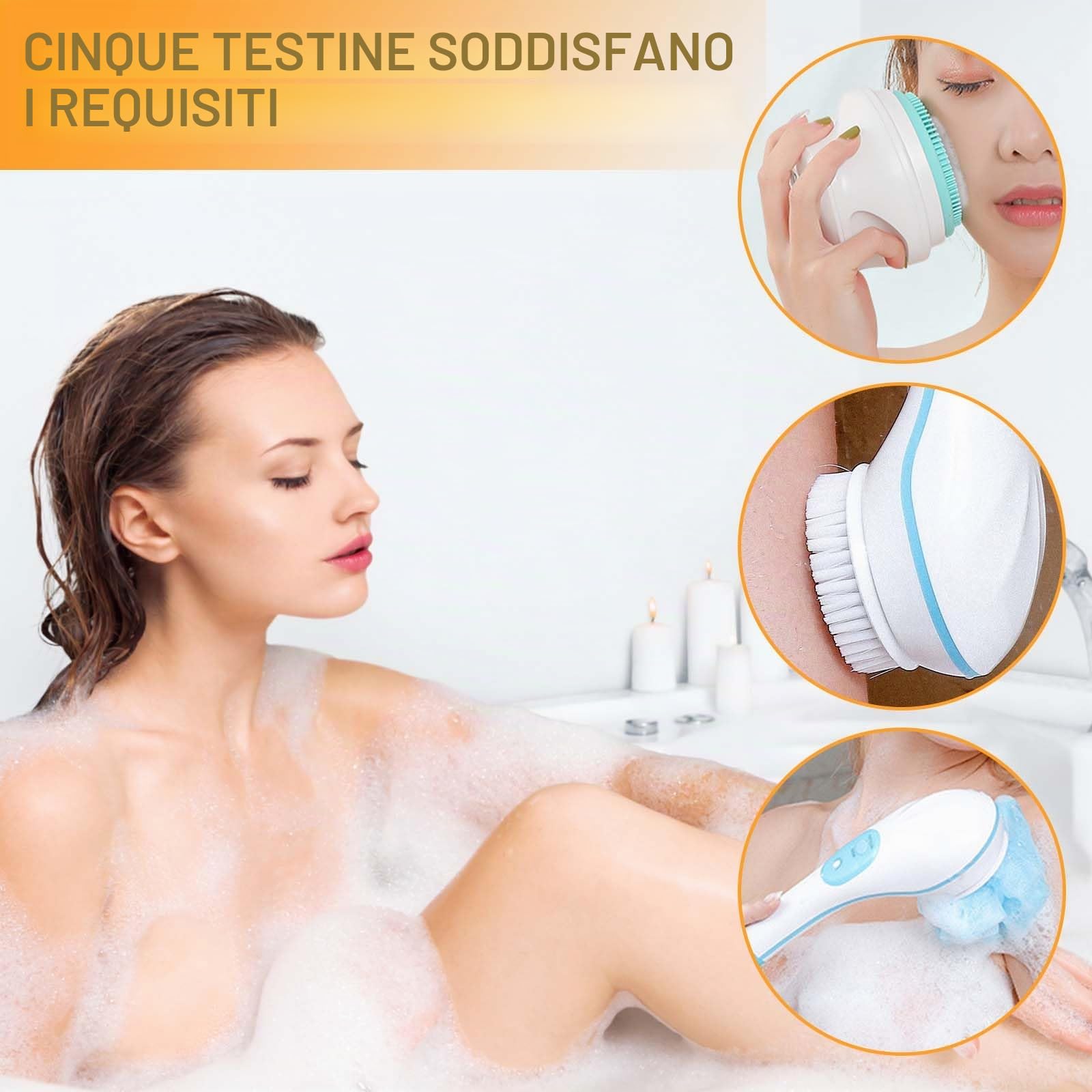 Spazzola elettrica per il corpo, spazzola per la schiena con 5 cuciture: spazzola per la schiena con manico lungo IP67, impermeabile a 3 velocità, spazzola per la pulizia della spa doccia esfoliante