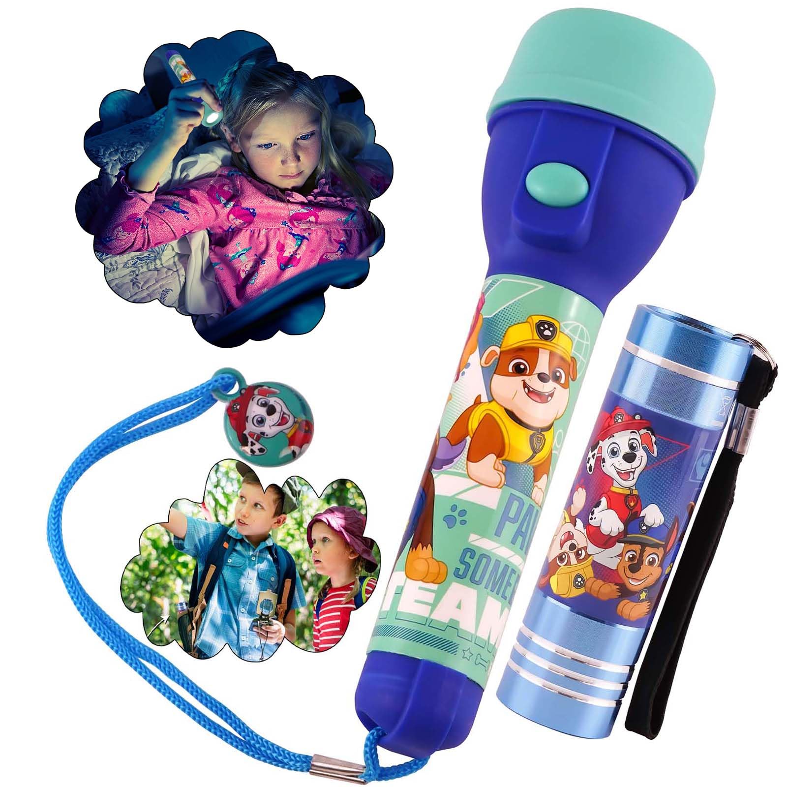 2x Paw Patrol LED Torches for Kids, Super Bright Aluminum & Plastic Flashlights with Lanyard, Non-Slip Grip, Perfect for Emergencies, Camping, & Thanksgiving Xmas Gifts, Travel, Batteries Included [Energy Class A+]