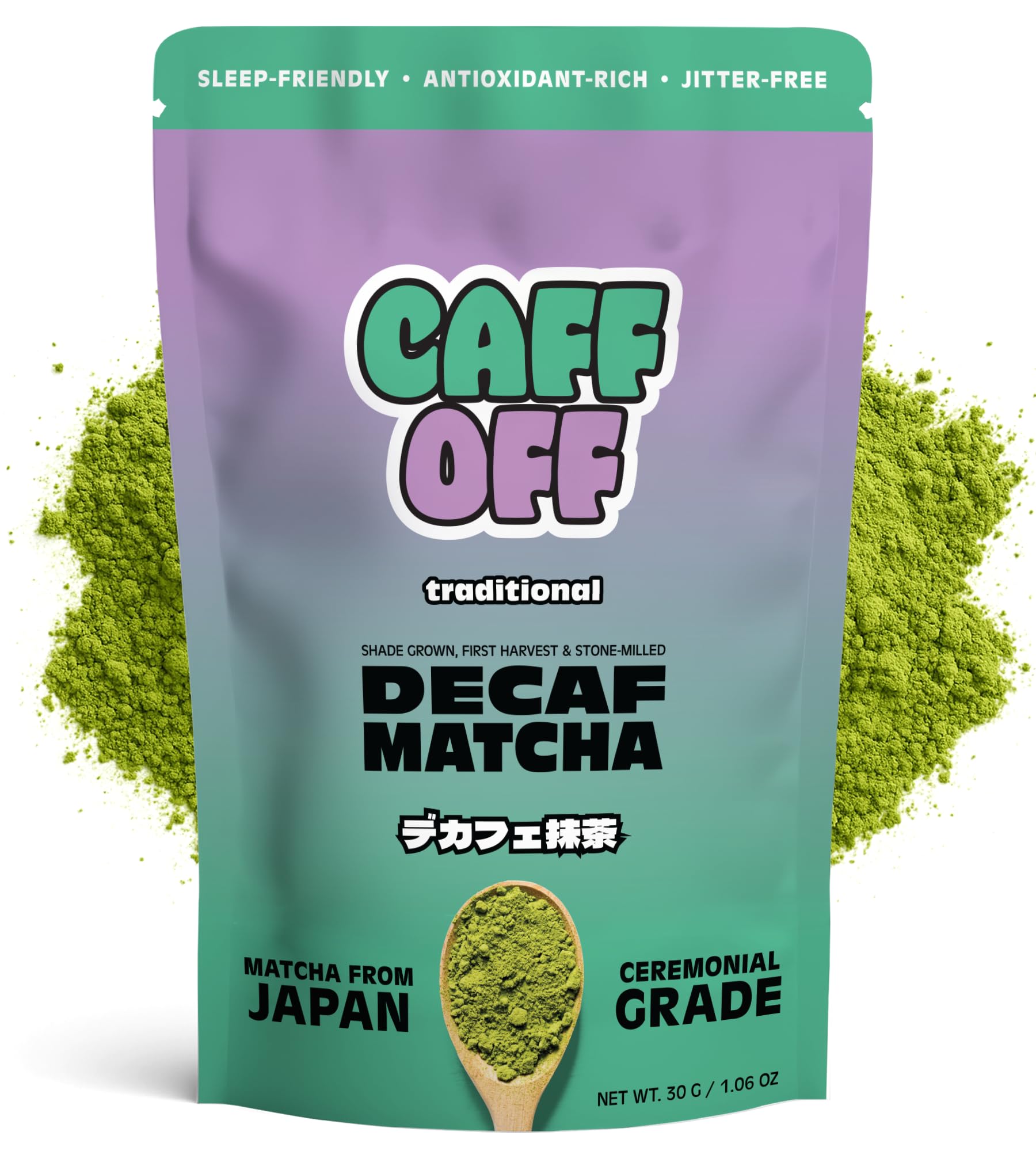 Caff Off Decaf Matcha Green Tea Powder From Japan – Small Premium Bag - 1.06 oz / 30 g – Ceremonial Grade – Naturally Decaffeinated Without Chemicals