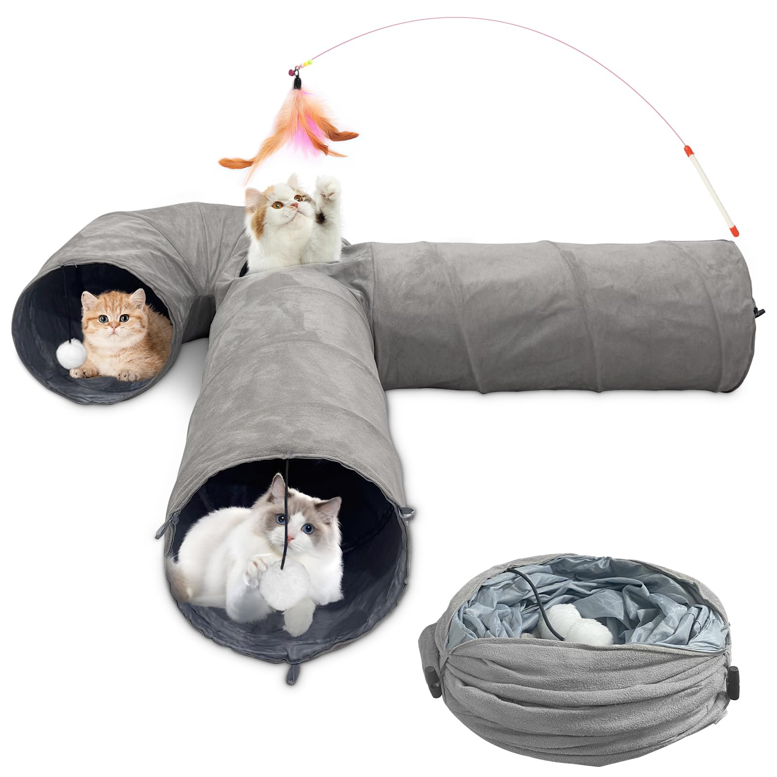 Túnel para Gatos Plegable, Juguete túnel de Gato en Gamuza, Juguete con Pompón y Colgante para Gato, Gran túnel para Gato de Interior Conejos, para Gatos,Cachorros,Conejos,Cobayas (U-Gris)