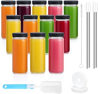 Sursip Glass Juice Bottles 16 oz with Lids & Straws, 12 Pack – Leak-Proof Wide Mouth Mason Jars for Juicing, Smoothies, Boba & Tea – Reusable & BPA-Free, Dishwasher Safe Kitchen Storage Containers