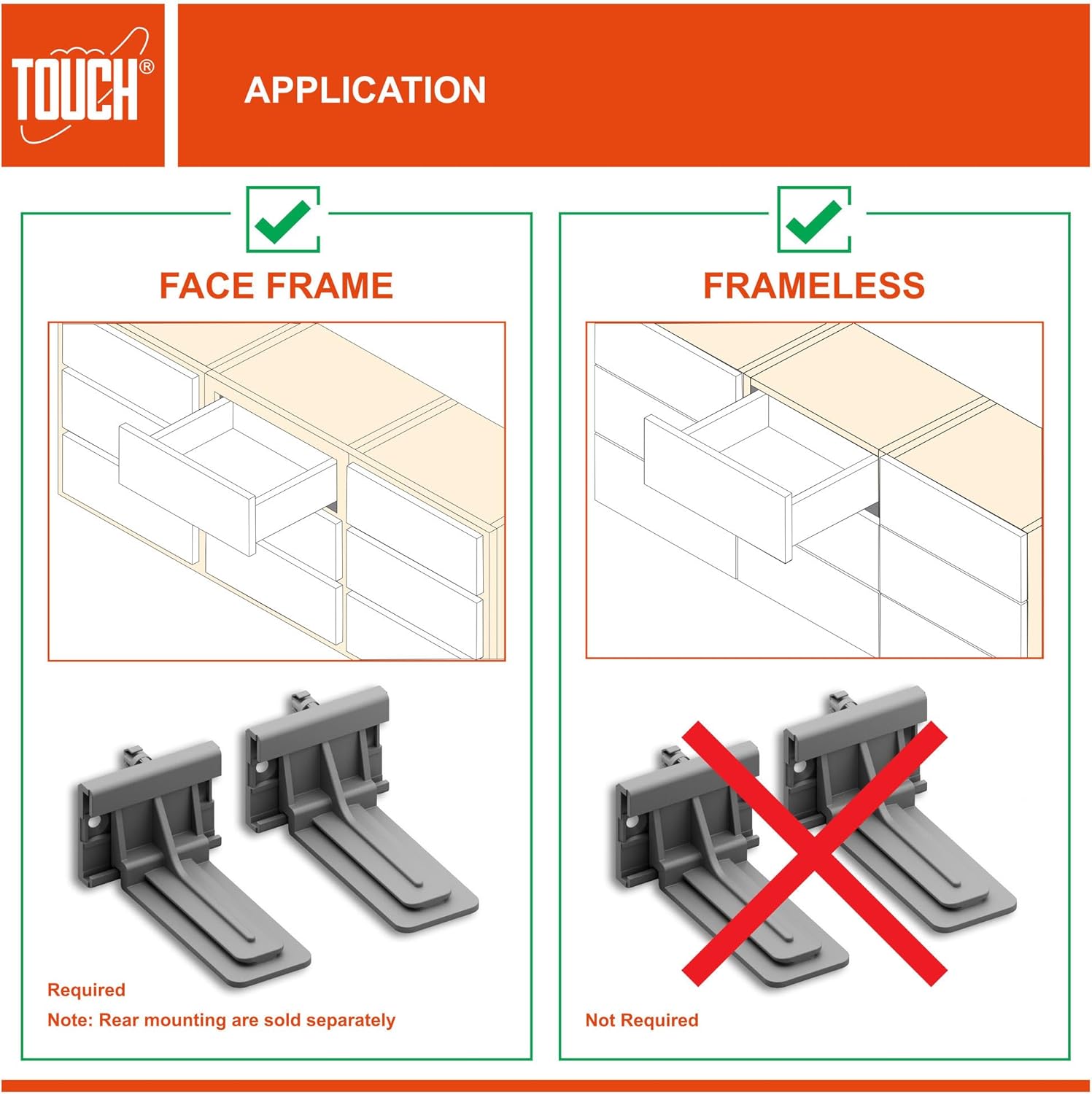 TOUCH Undermount Drawer Slides, Push-Open (1 Pair, 18 Inch 457mm) for 1/2 and 5/8 Inch Side Panel, Kitchen Concealed Drawer Track Guide, Bottom Mount, 75 LB Capacity 3D Adjustable Lock Device.