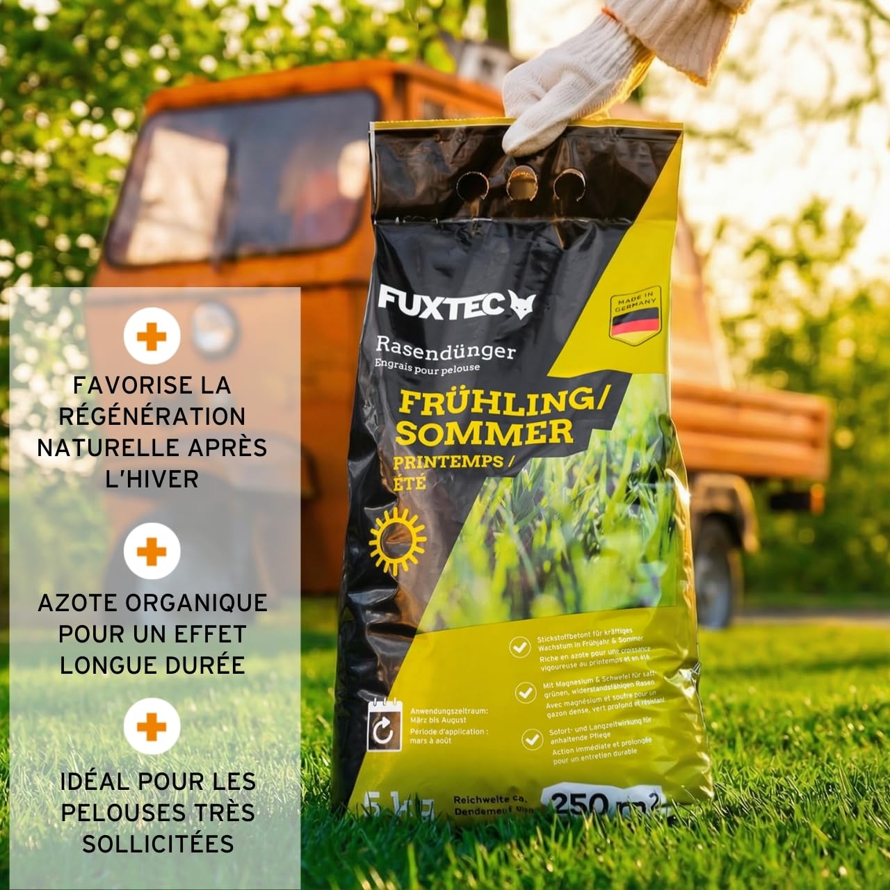 FUXTEC Engrais gazon printemps été FX-RDFS10 – 10 kg (2x5kg) rendement 250m2 fertilisant pelouse NPK 12+3+5 organo-minéral – azote à libération progressive – magnésium et soufre – granulés fins