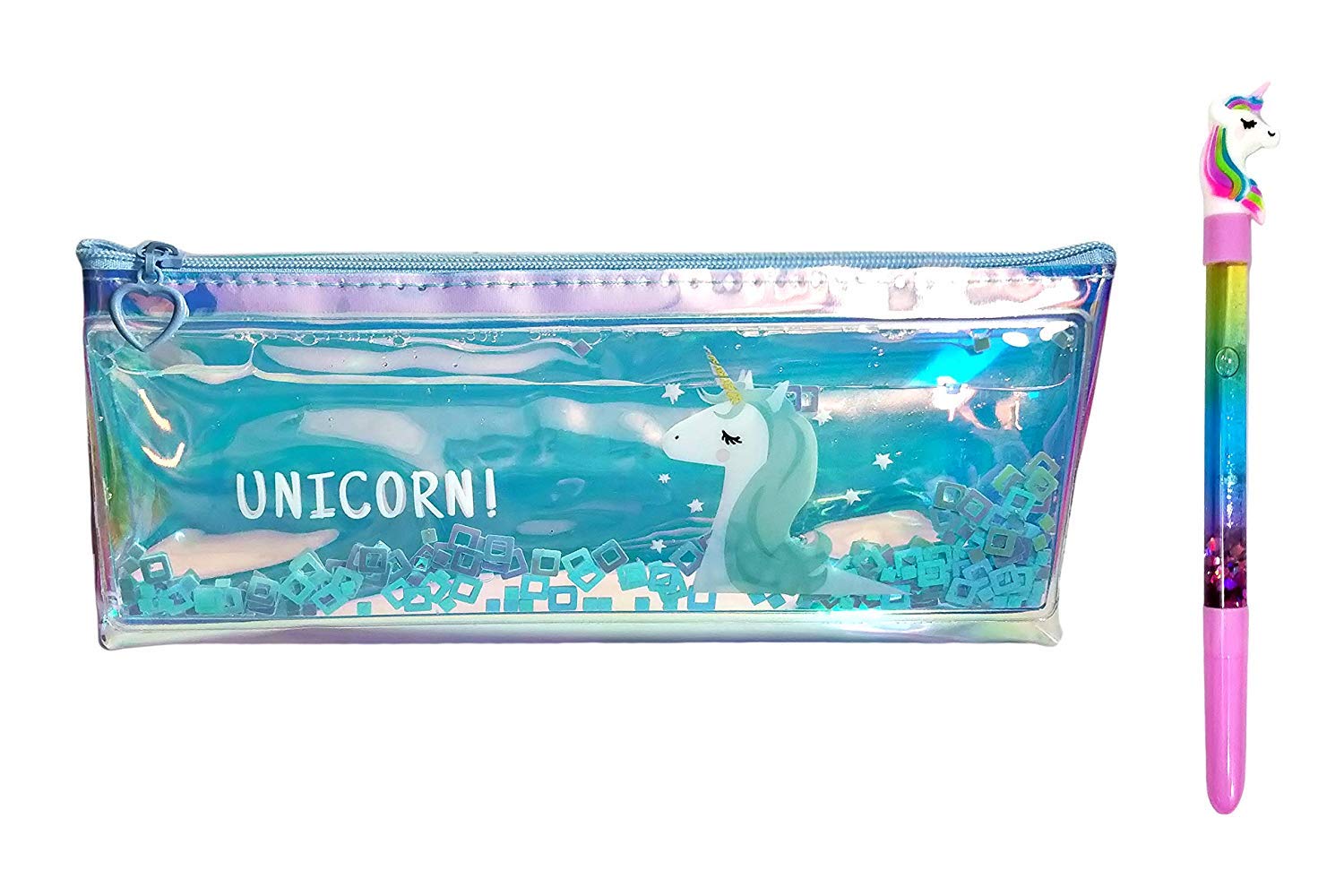 Samvardhan Multipurpose Transparent, Holographic & Hardtop Type Pencil Pouch/Case with Filled Sequin Water for Kids (Unicorn Holographic Pouch with Unicorn Pen (Blue). (B085GG5GHN) Amazon Price History, Amazon Price Tracker
