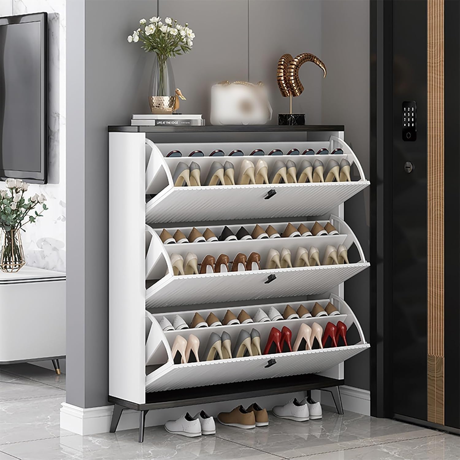 Shoe Storage Cabinet Cabinets Hallway Slim Cupboard Cupboards Hallways Slimline，Modern Slim Shoe Storage Organizer - Freestanding White Narrow Shoe Rack with 3 Flip Drawers, Hidden Shoe CABI
