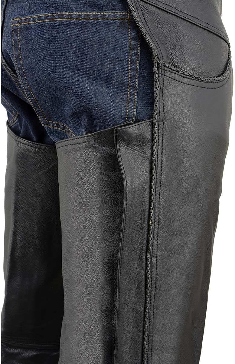 Milwaukee Leather Chaps for Men's Black Thin Braided Premium Leather Jean Style Pocket Motorcycle Chaps-ML1125