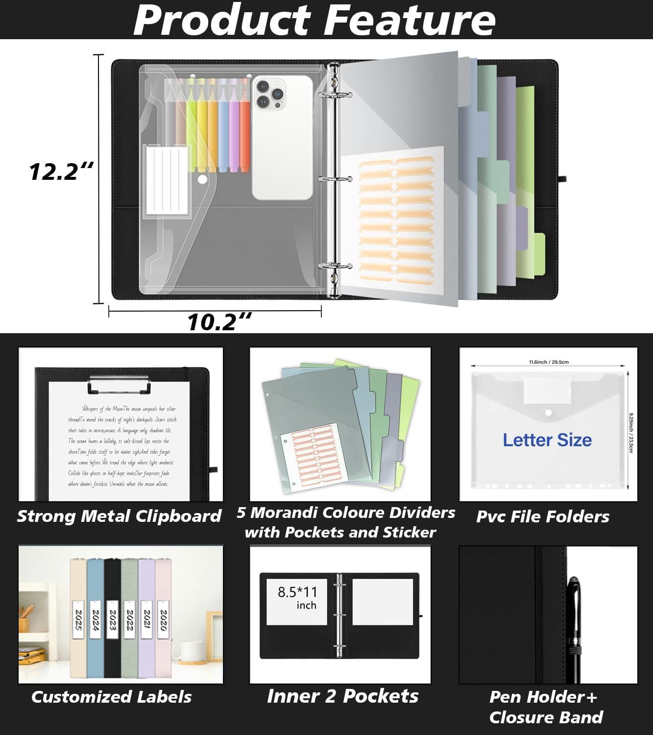 3 Ring Binder, 1 Inch Leather Binders with Clipboards, 5-Tabs Pockets Dividers, 18 Divider Stikers, Plastic Folder, Pen Holder, Three Ring Binder with Pen Holder(Black, Letter Size)