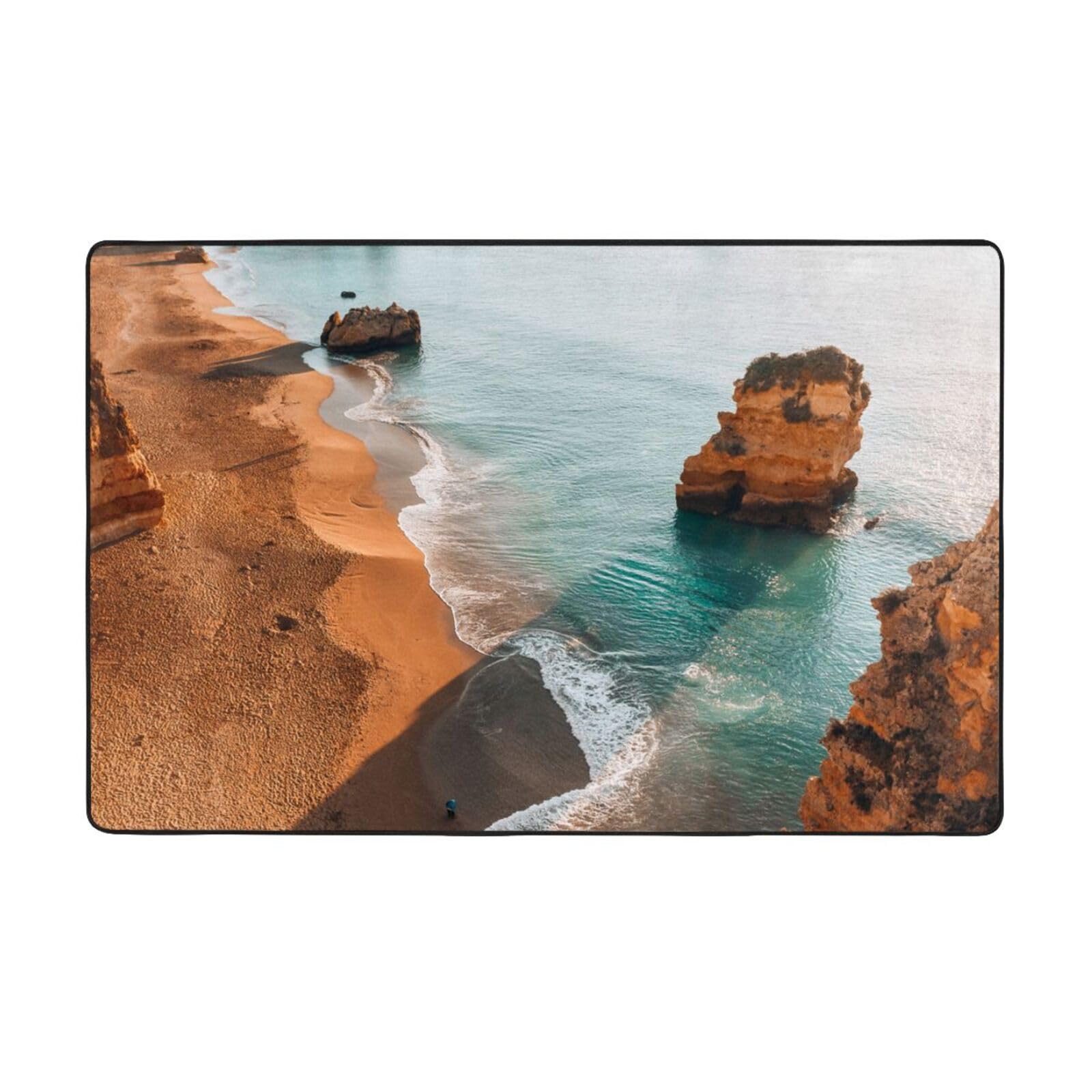 Grand tapis doux imprimé plage pour décoration de salon et chambre