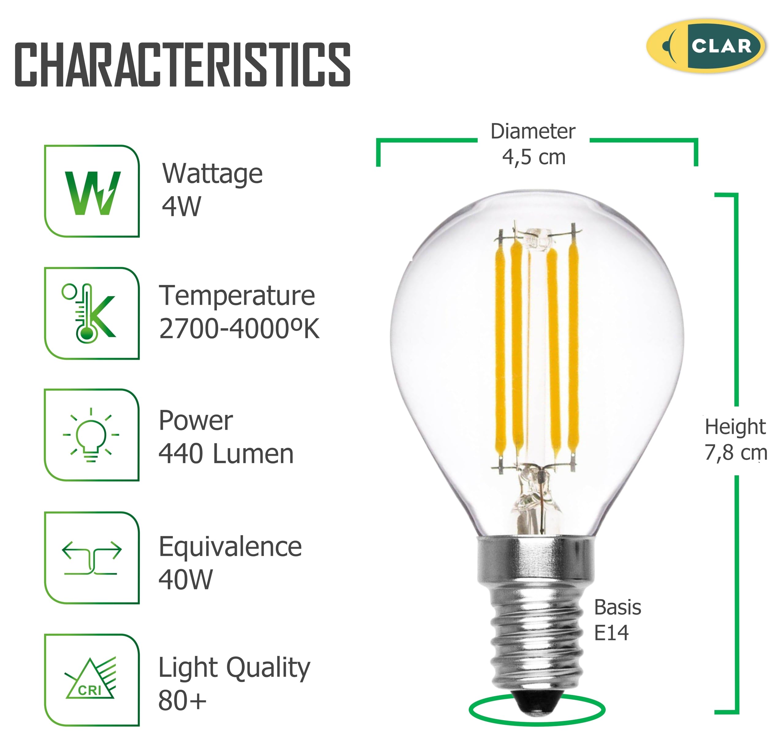 CLAR - E14 LED, Glühbirne E14, E14 Glühbirne, Leuchtmittel E14, LED Birne E14, LED Lampe E14, LED Glühbirne E14, E14 40 Watt, Birne E14, Glühbirnen E14, E14 LED 4000K, LED Filament, 4W (Pack 100)