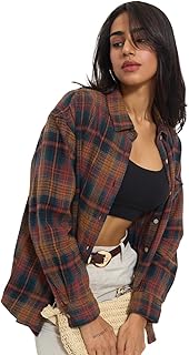 The Souled Store Plaid: Prismark Women and Girls Full Sleeves Spread Collar Plaid Cotton Oversized Fit Lightweight Everyda...