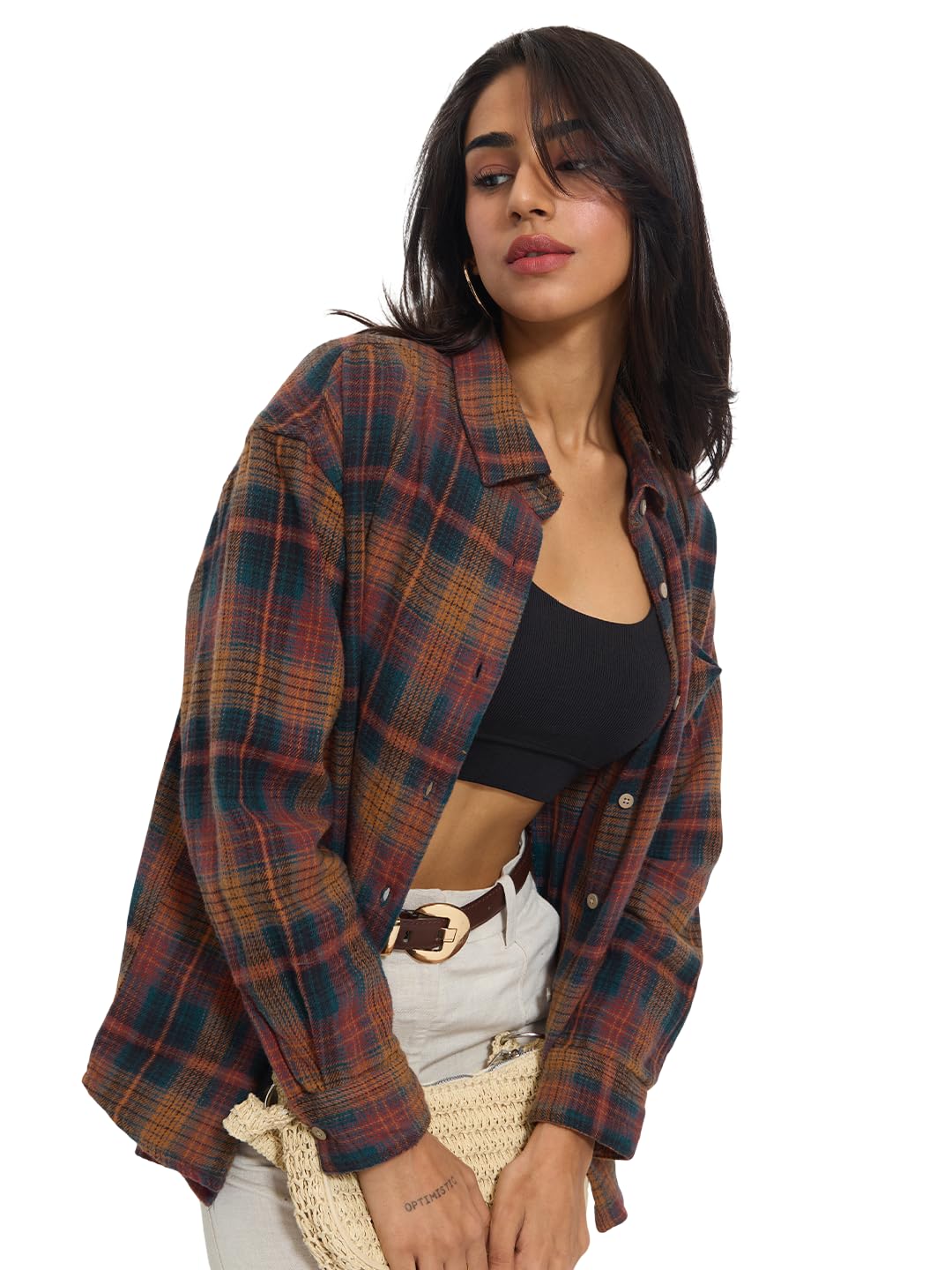 the souled store Plaid: Prismark Women and Girls Full Sleeves Spread Collar Plaid Cotton Oversized Fit Lightweight Everyday Casual Shacket-picture-28