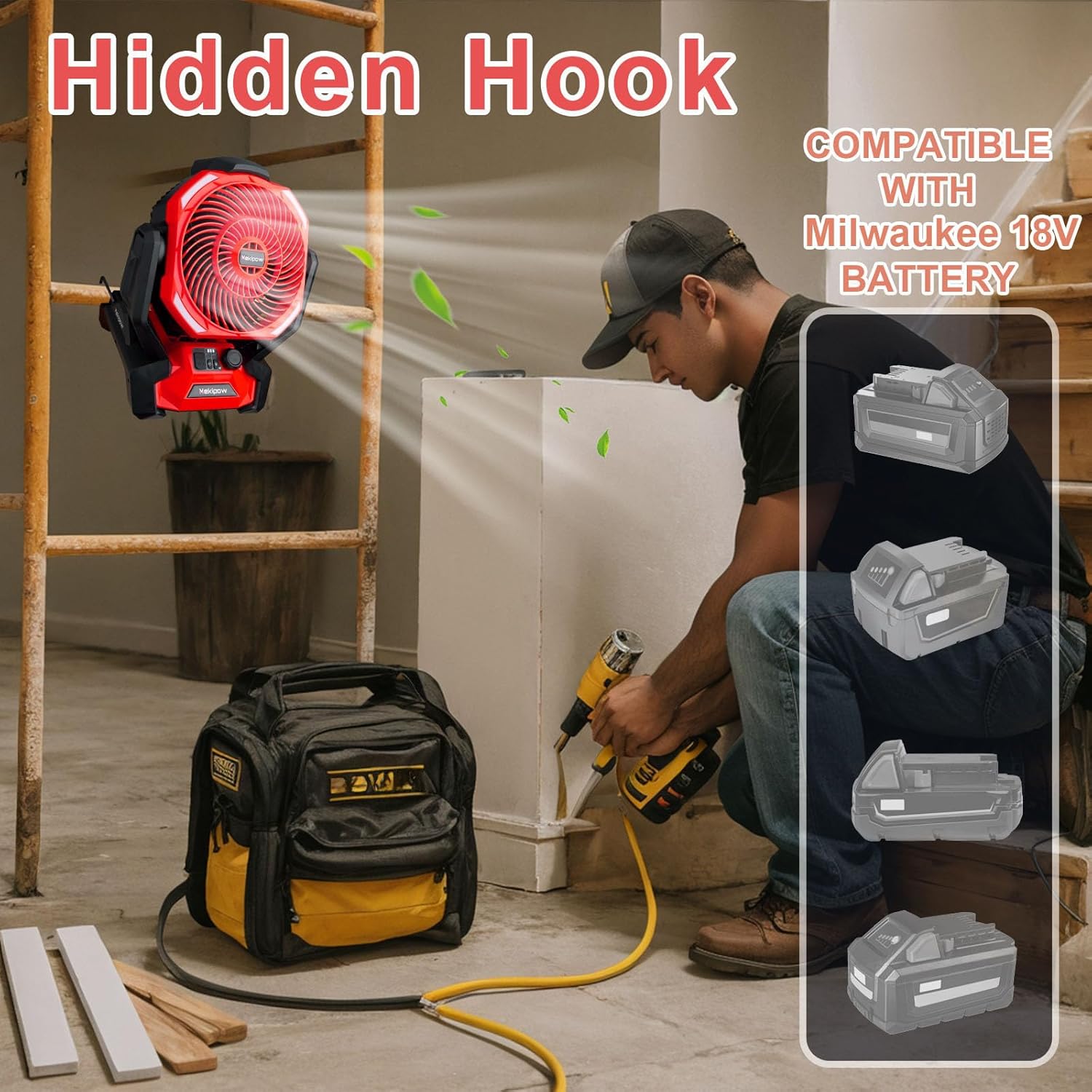 Cordless Jobsite Fan Fit for Milwaukee 18V Battery, Battery Powered Portable Fan with Brushless Motor, 750 CFM Variable Speed,or AC Power for Outdoor, Camping, Workshops, Office, RV(TOOL ONLY)