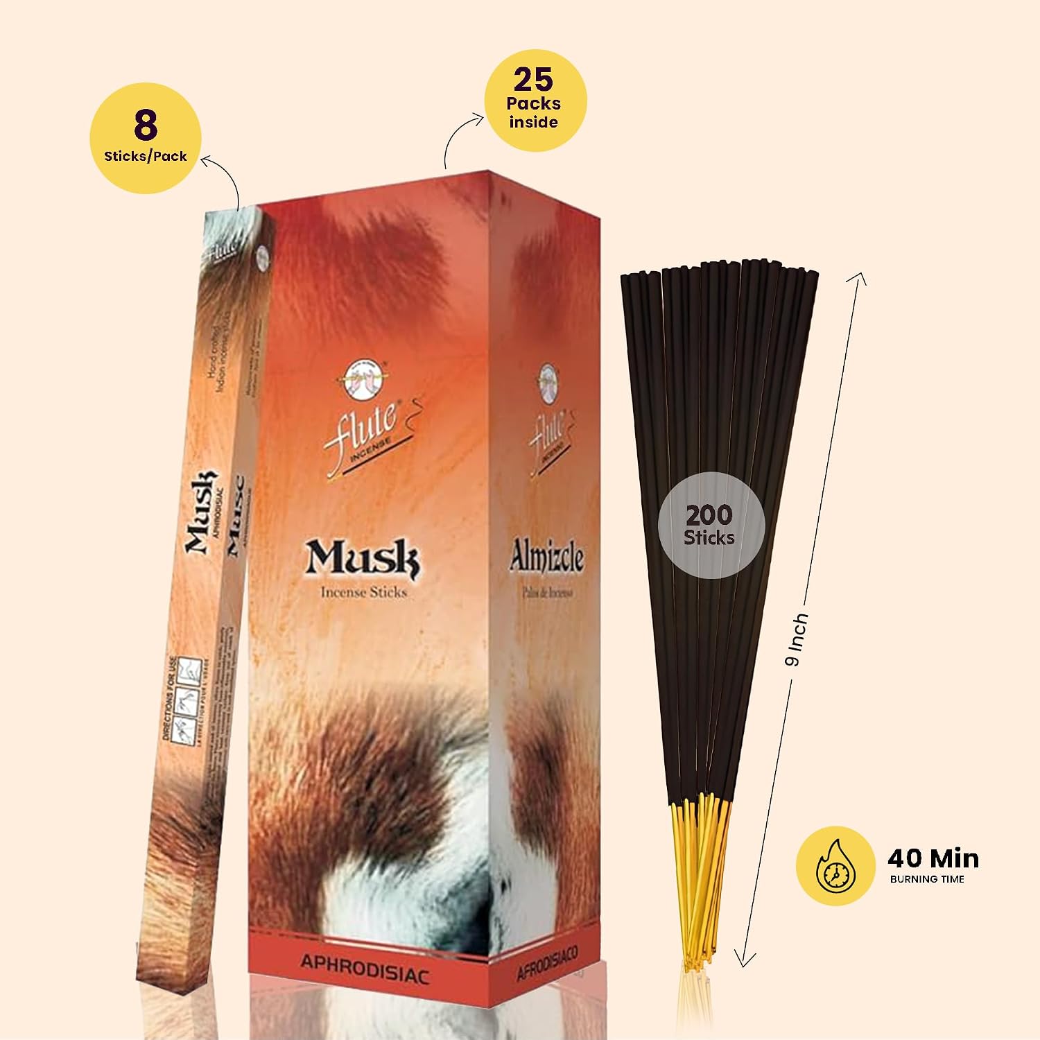 Flute Musk & Geranium Incense Sticks - Incense for Relaxation, Positivity & Stress Relief - 8 Sticks/Pack, 25 Packs/Box (9 Inch, 200 Sticks/Box) | 40 Minutes Burn Time