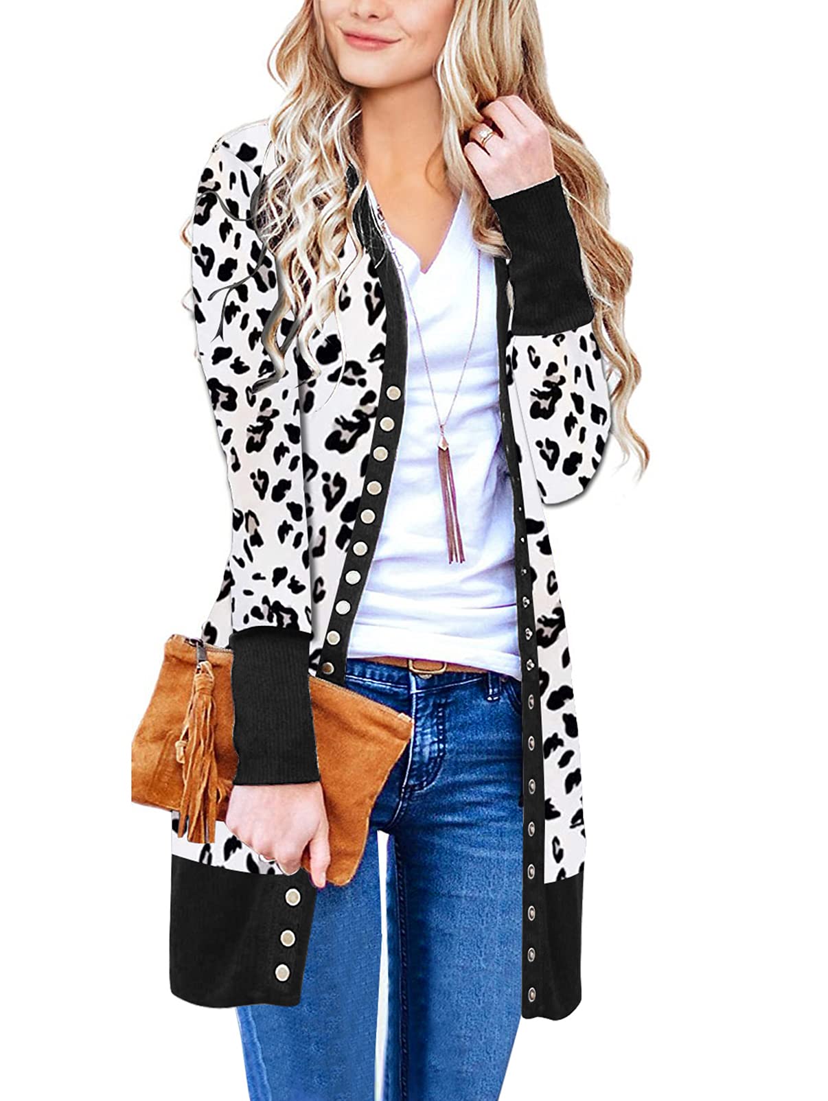 Women's Long Sleeve Snap Button Down Solid Color Knit Ribbed Neckline Cardigans