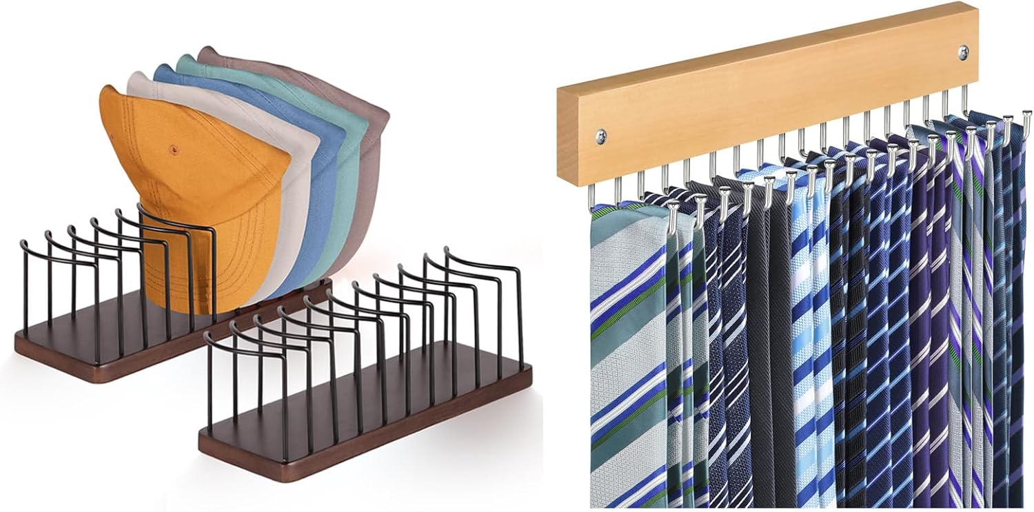 Tie Rack Belt Hanger Wall Mounted Rotating Tie Organizer for Men Closet Natural 1 Pack, Hat Storage Organizer for Baseball Caps Wooden Tabletop Hat Rack Stand Brown 2 Pack