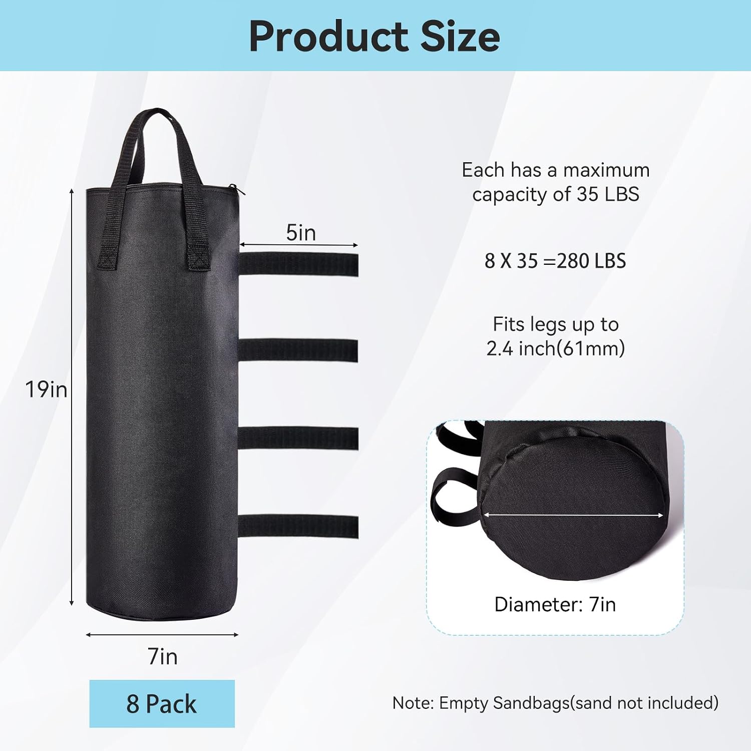 280 LBS Top Zipper Sand Bags for Canopy Legs, Canopy Weights Set of 8, Extra Large Sand Bags for Weights, Pop up Canopy Tent, Gazebo, Carport, RV Awning, Outdoor Sun Shelter(Without Sand)