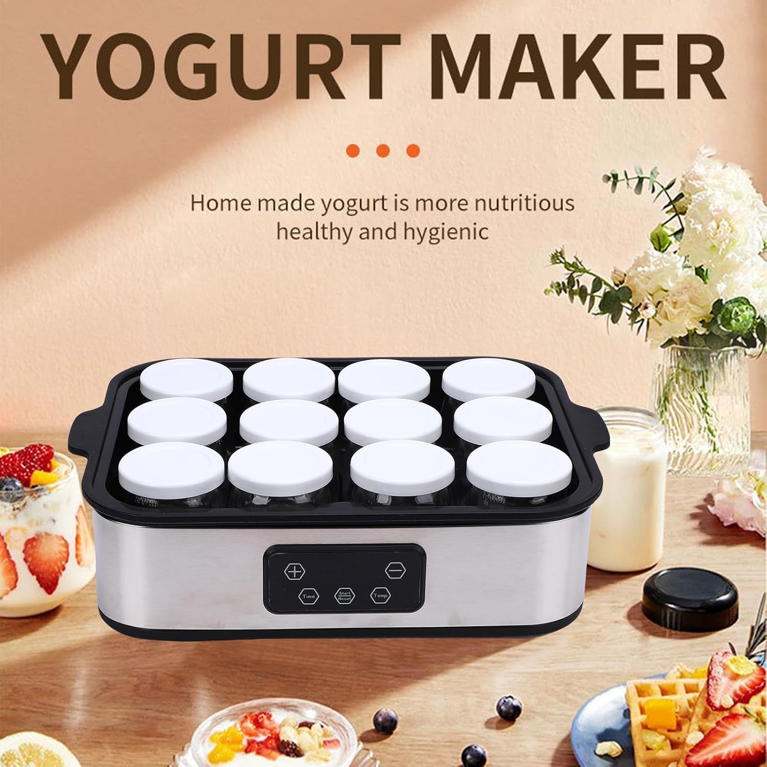 Diydeg Probiotic Yogurt Maker with Adjustable Temperature & Time Control, Automatic Digital Greek Yogurt Maker Machine Make Trillion of Live Probiotic with 12 Glass Jars for Home (US Plug 110V)