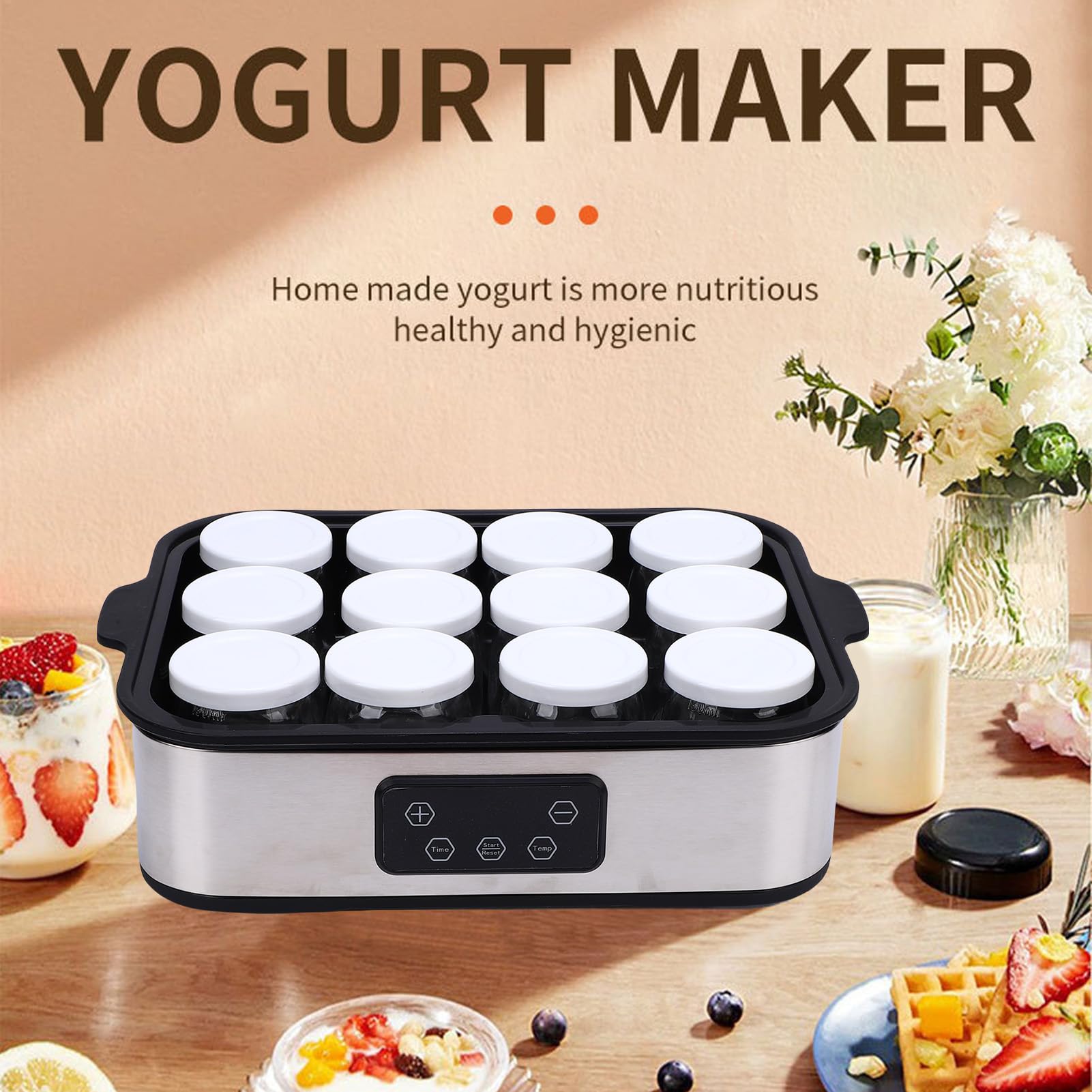 Yaourtière Électrique 12 Pots avec Minuterie 0-48h Température Réglable Yaourt Fait Maison pour Famille, Petit Déjeuner Sain, Collation Enfant, Régime Alimentaire