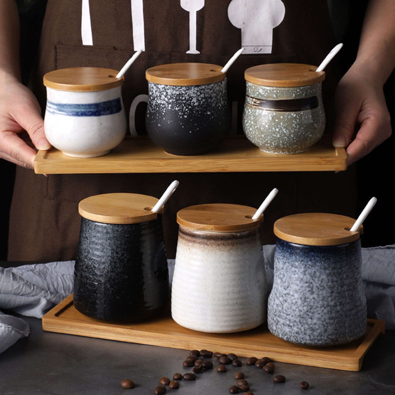 Sucrier, Pot à assaisonnement, sucrier Japonais avec Couvercle, Pot de Rangement rétro en céramique, Petit Pot à Sucre de 200 ML, Pot à épices, pour café, Restaurant, maison-g-200 ML 7 oz