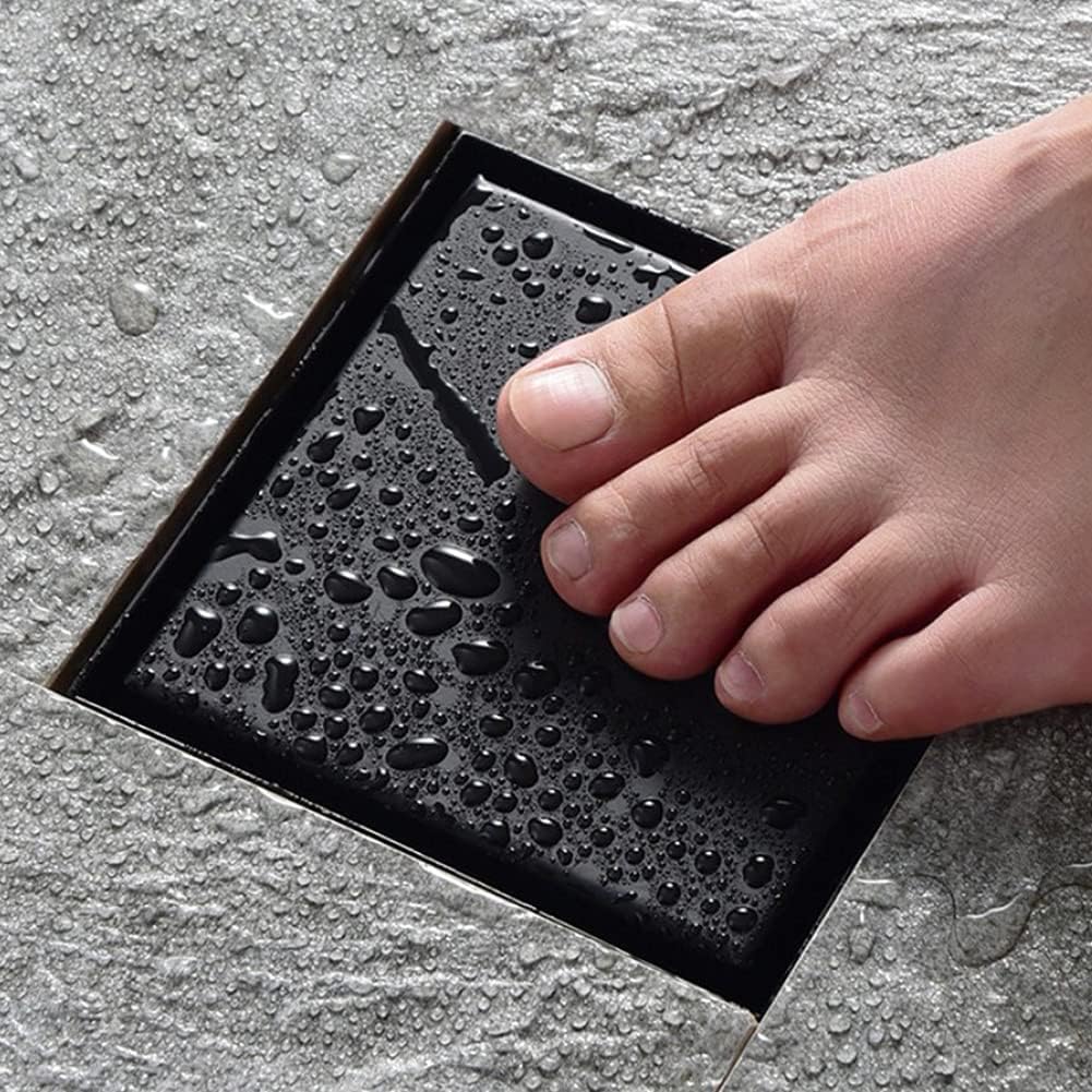 Buachois Scarico a Pavimento,10x10 cm Piletta Doccia a Pavimento Quadrato Nero con Griglia di Copertura Rimovibile,Doccia Quadrato Scarico a Pavimento in Rame Filtro per Cucina Bagno Balcone