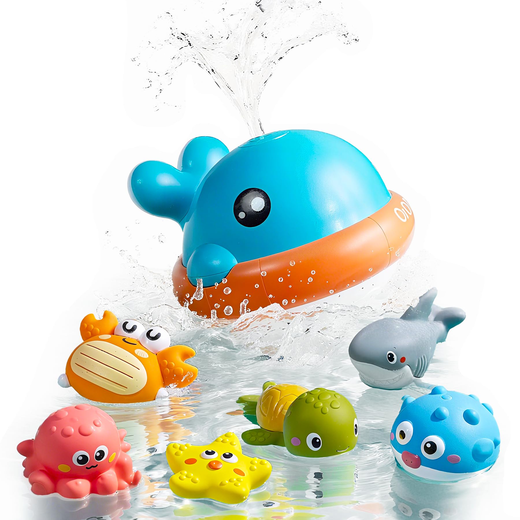 OR OR TU Giocattoli Bagnetto per Bambini Balena Spruzzatrice, Giocattoli da Bagno Luminosi con 6 pezzi Animali Galleggianti Senza fori, Giocattoli da Vasca da Bagno Età 18 mesi Giocattoli