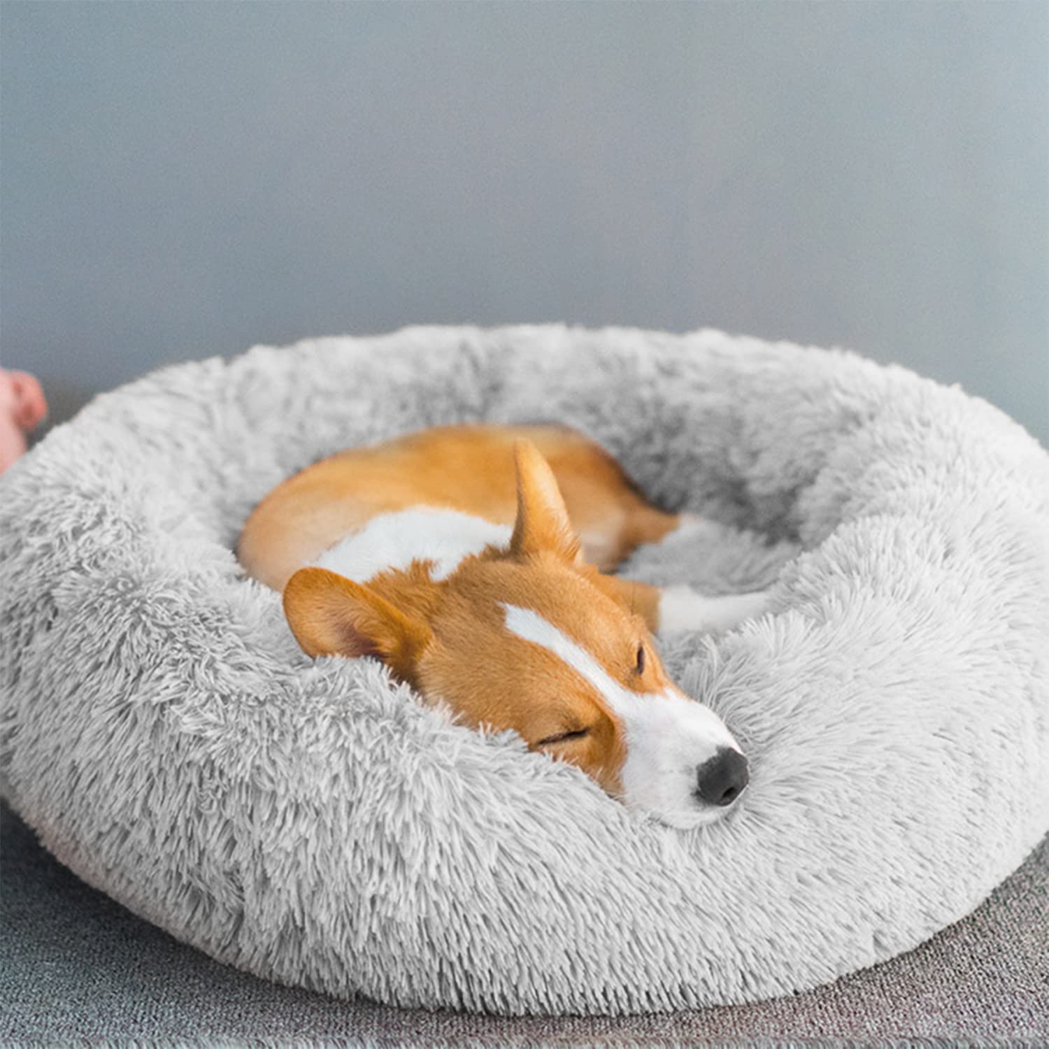 90cm Rund Hundebett Katzenbett, Plüsch Flauschig Hundekorb Katzenkissen Kuscheliges Donut, Waschbar Warm Hundekissen für Mittelgroße und Große Hunde, Katzen und Andere Haustiere (Hellgrau)
