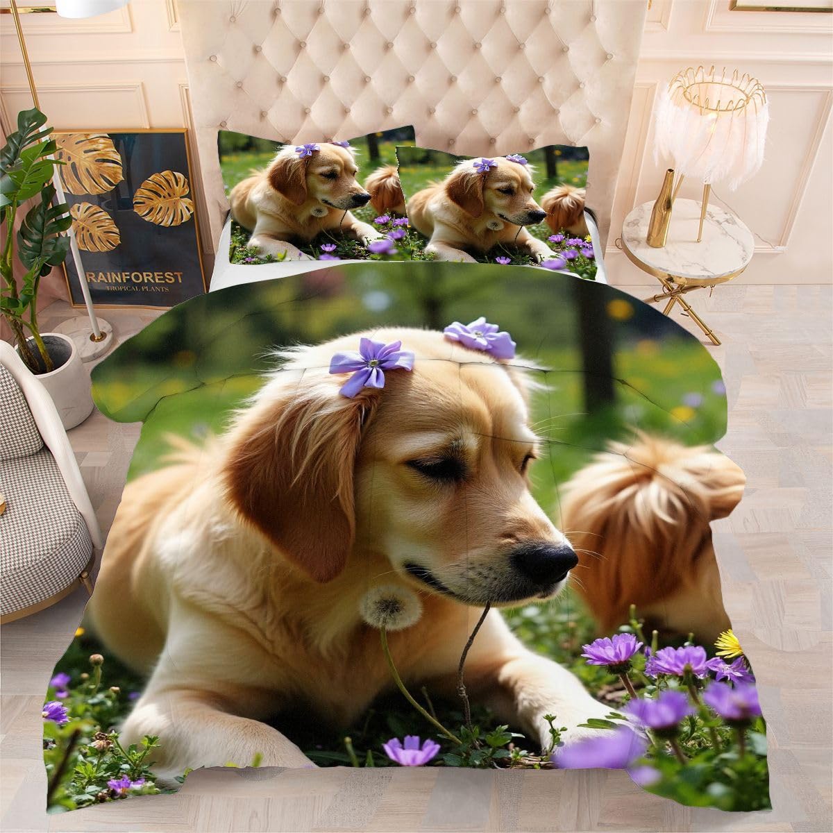 Couette 240 x 260 cm Golden Retriever légère lit deux personnes avec parure lit microfibre