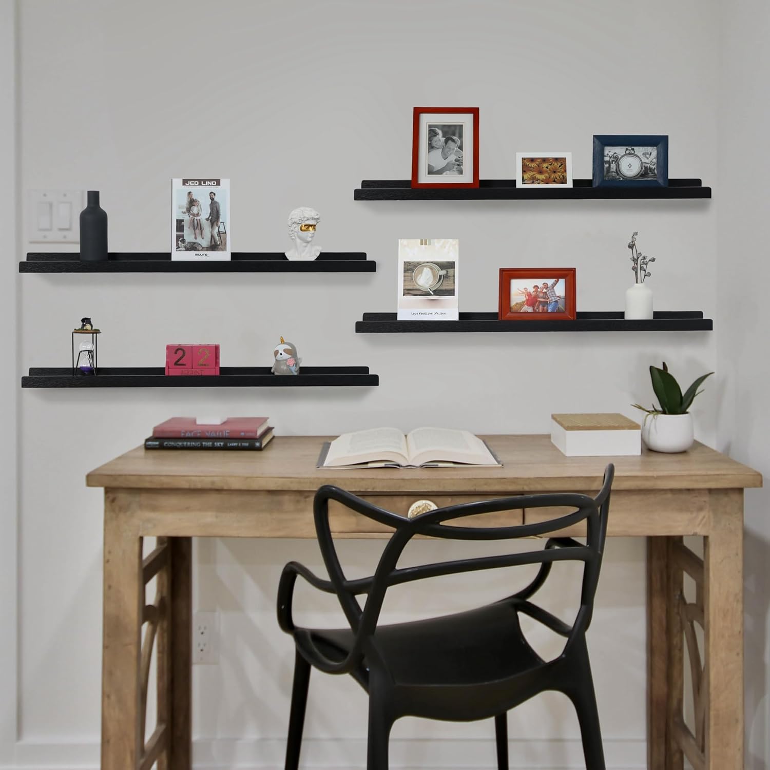 Long Floating Shelves 36 Inches Set of 4,Wood Picture Shelf for Wall with Ledge,Photo Frames Display Shelves Wall Mounted for Living Room Bedroom Kids Nursery,Home Decor (Rustic Black, 36")