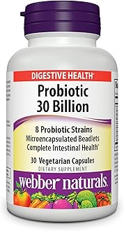 Webber Naturals Probiotics, High Potency, 30 Billion CFU, for Men, Women, and Adults, Shelf Stable (No Refrigeration Required), 8 Probiotic Strains, 30 Vegetarian Capsules, for Digestive Health