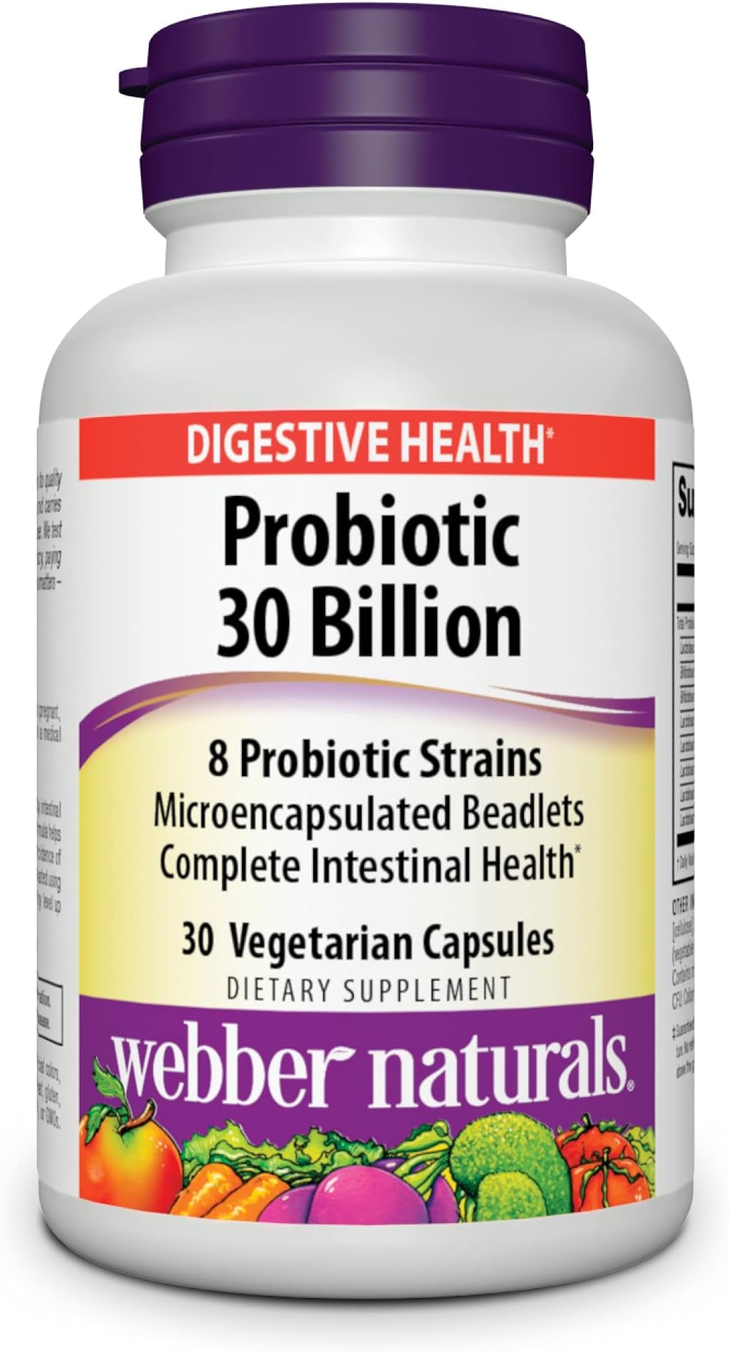 Webber Naturals Probiotics, High Potency, 30 Billion CFU, for Men, Women, and Adults, Shelf Stable (No Refrigeration Required), 8 Probiotic Strains, 30 Vegetarian Capsules, for Digestive Health