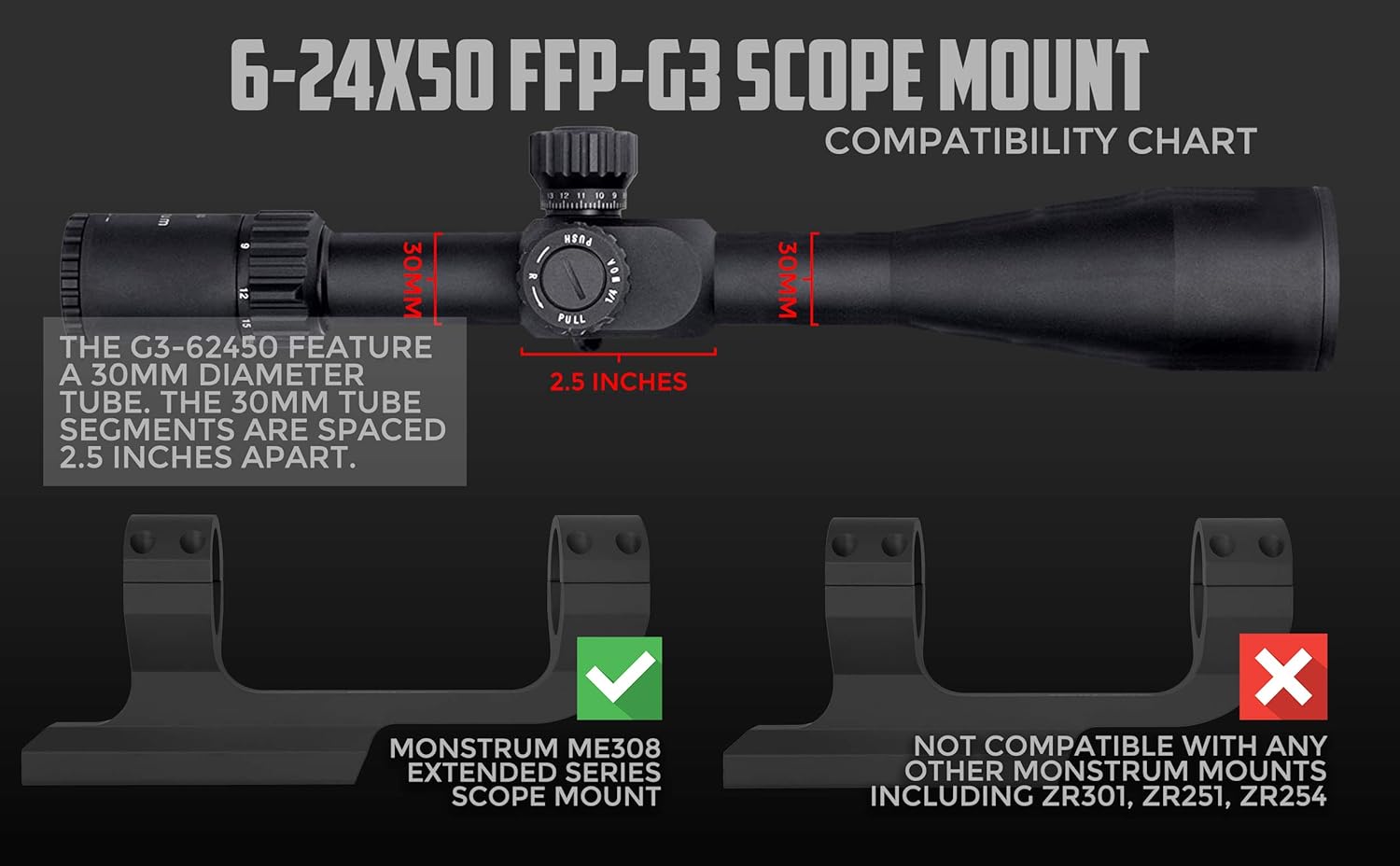 Monstrum G3 6-24x50 First Focal Plane FFP Rifle Scope with Illuminated MOA Reticle and Adjustable Objective