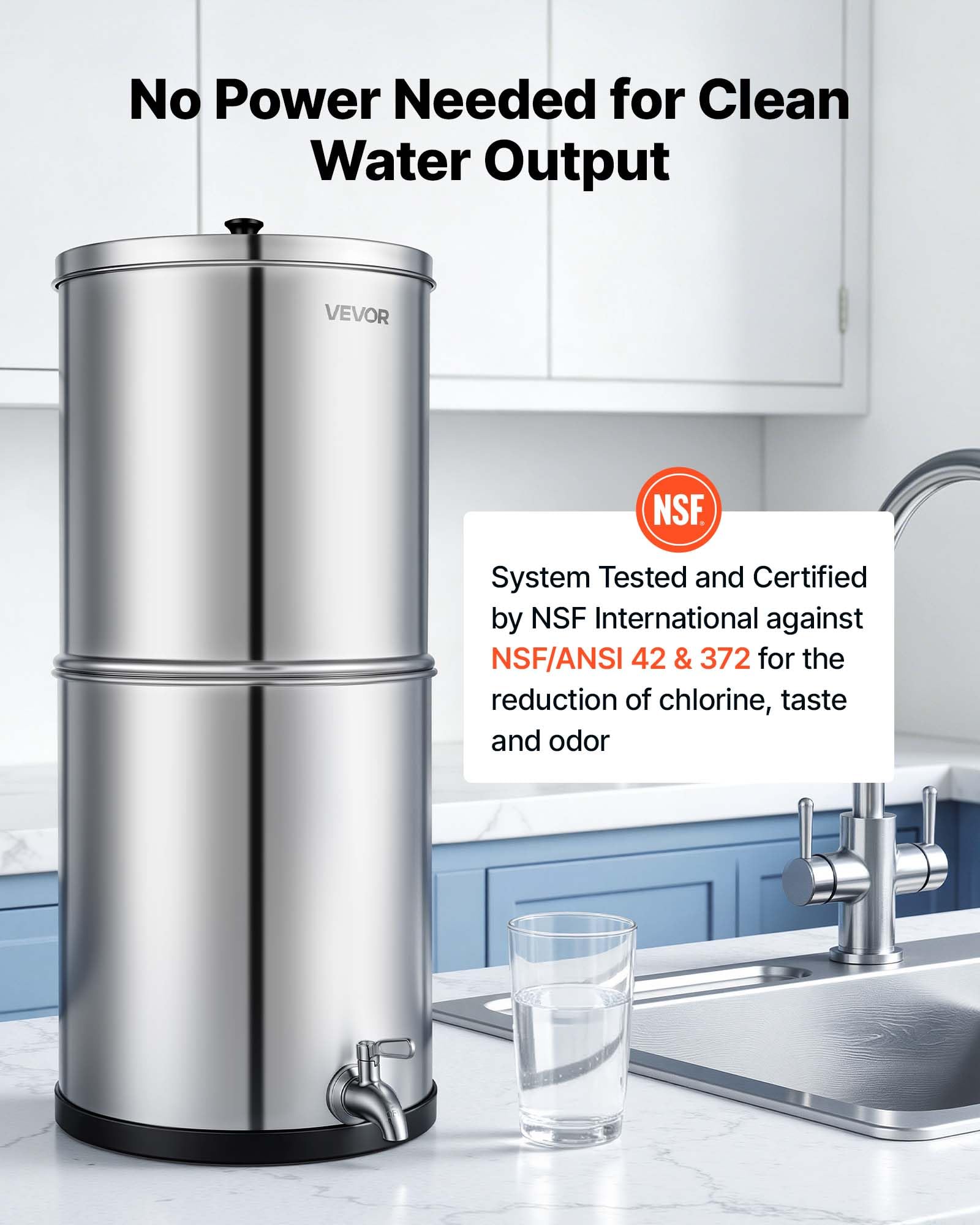 VEVOR Sistema de Filtración de Agua por Gravedad 11,36 L Acero Inoxidable, Reduce el Plomo y Hasta el 99% del Cloro, Con 2 Filtros de Carbón Cerámico, Con Grifo, Para Encimera, Para Hogar, Camping
