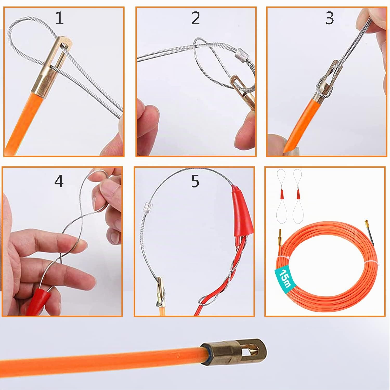 CONNECTION Sonda Passacavi Sonda Elettricista Sonda Tiracavi di Poliestere 15m Sonda Tiracavi con 2 Molla di Guida Molla Elettricista 3mm Kit di Strumenti per l’installazione di Cavi